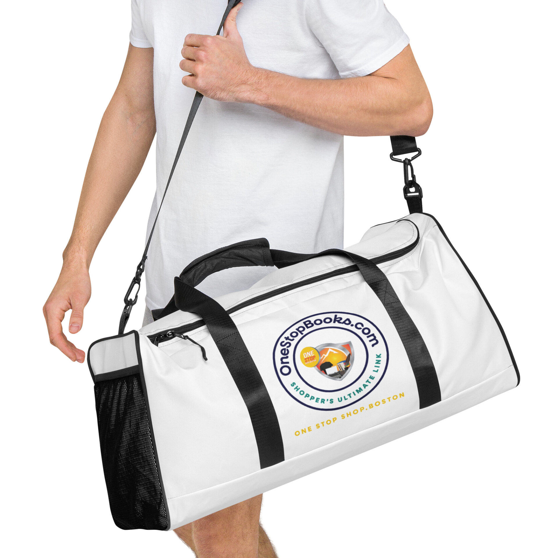 Man carrying white duffel bag with logo.