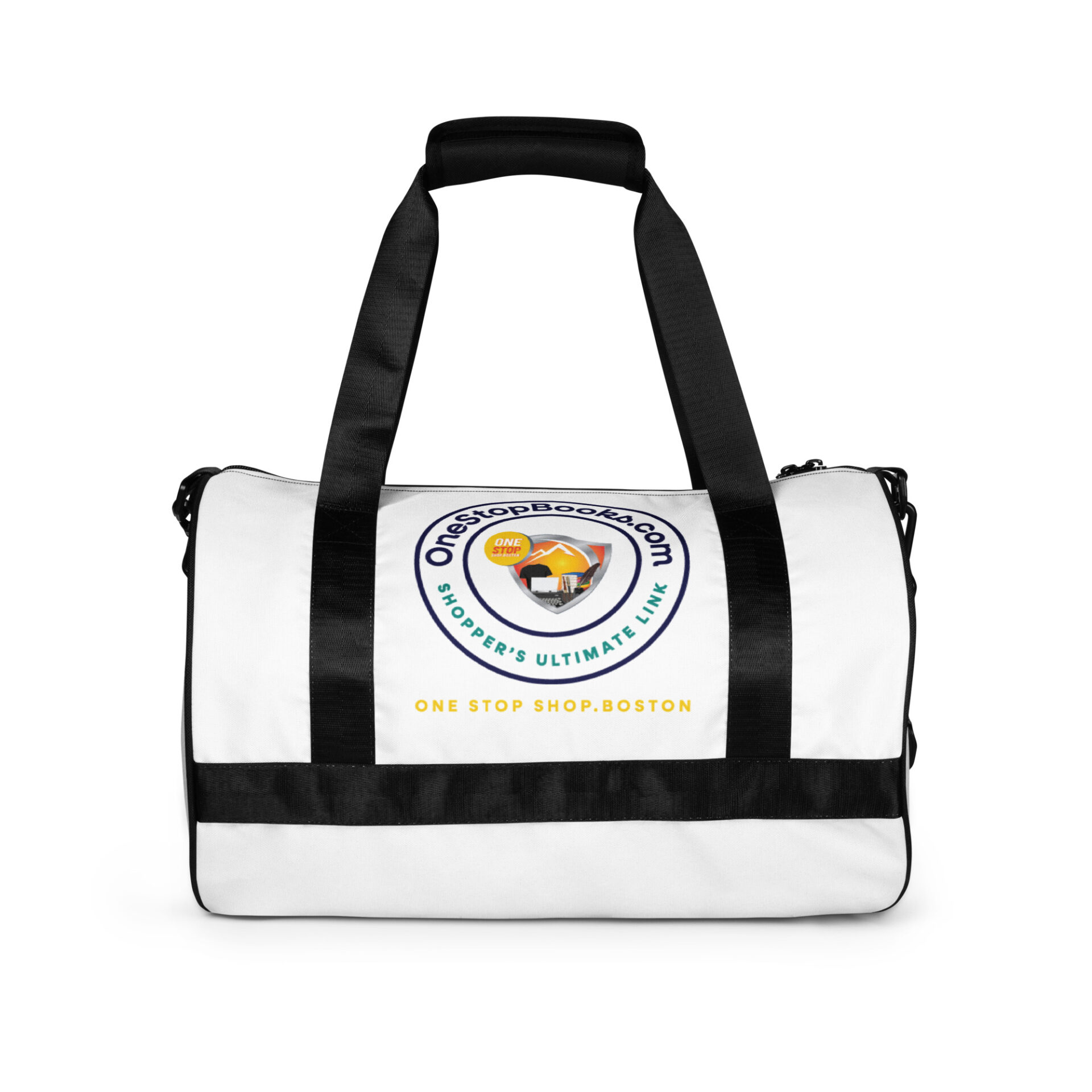 White duffel bag with black straps and logo.