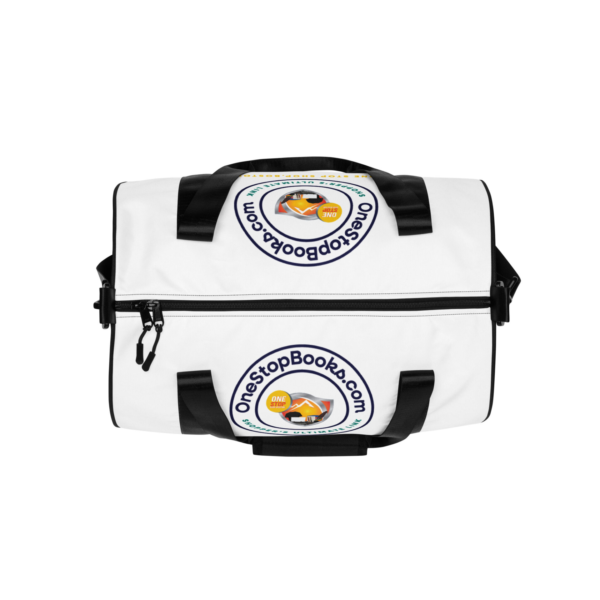 White duffel bag with OneStopBooks.com logo.