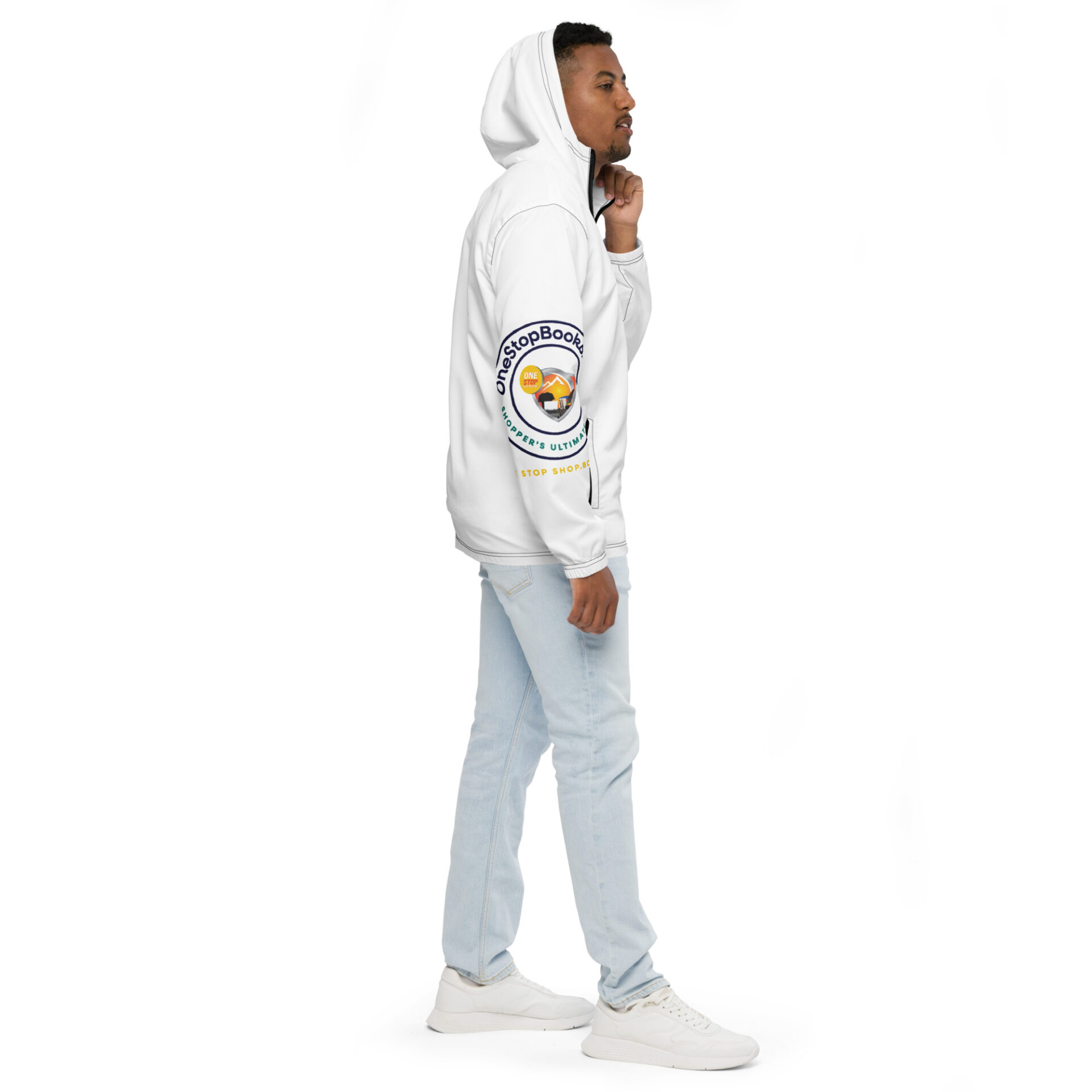 Man wearing a white hoodie with logo.