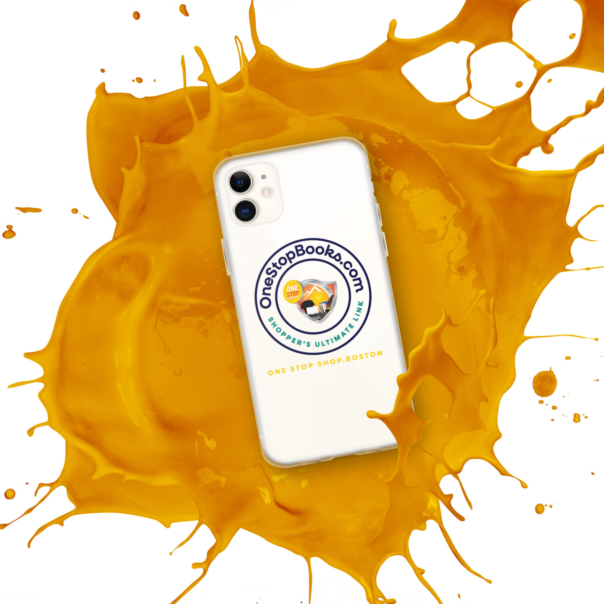 White phone with yellow paint splash.