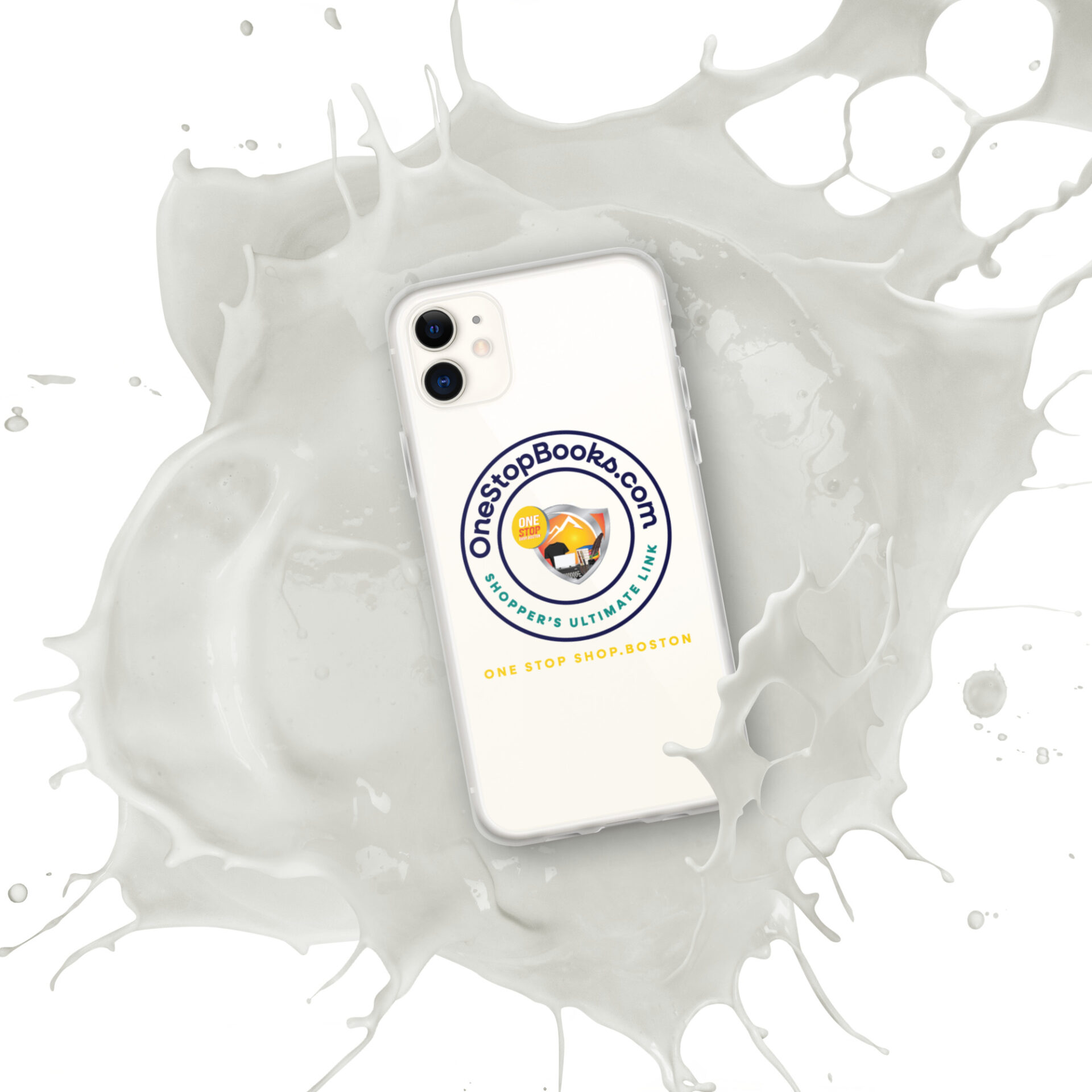 White iPhone with OneStopBooks.com logo in milk splash.