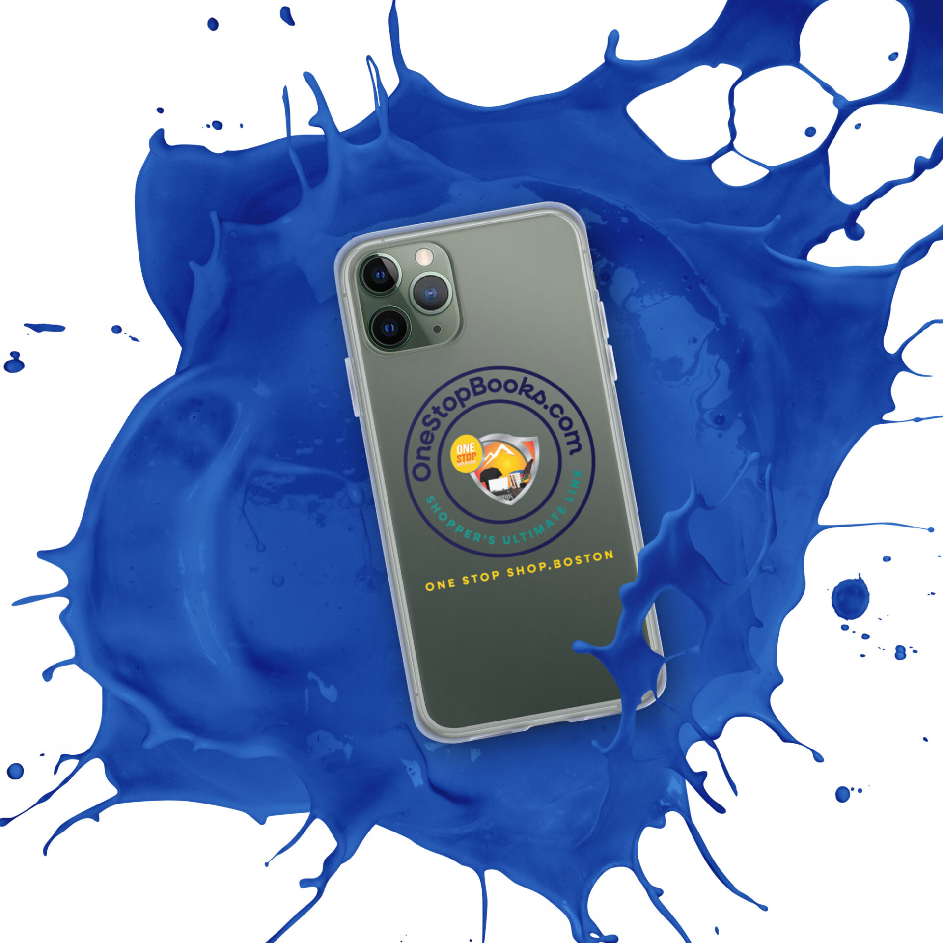 Smartphone with blue paint splatter and logo.