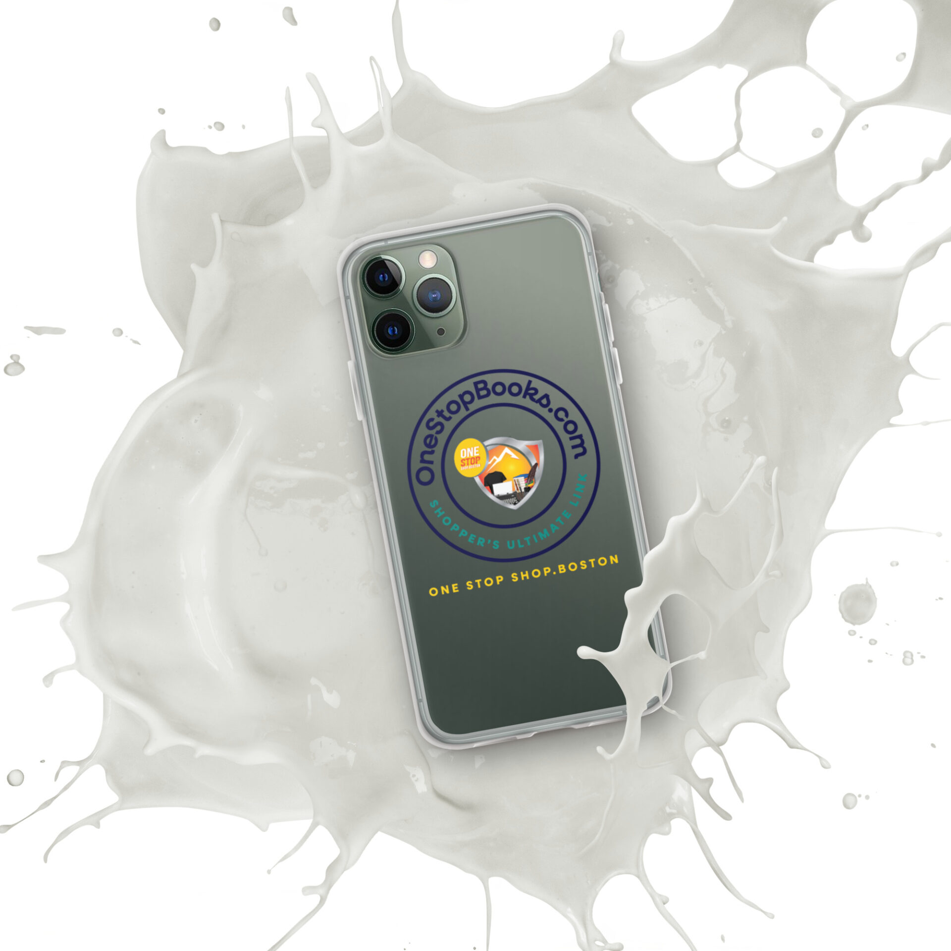Smartphone in milk splash with logo.