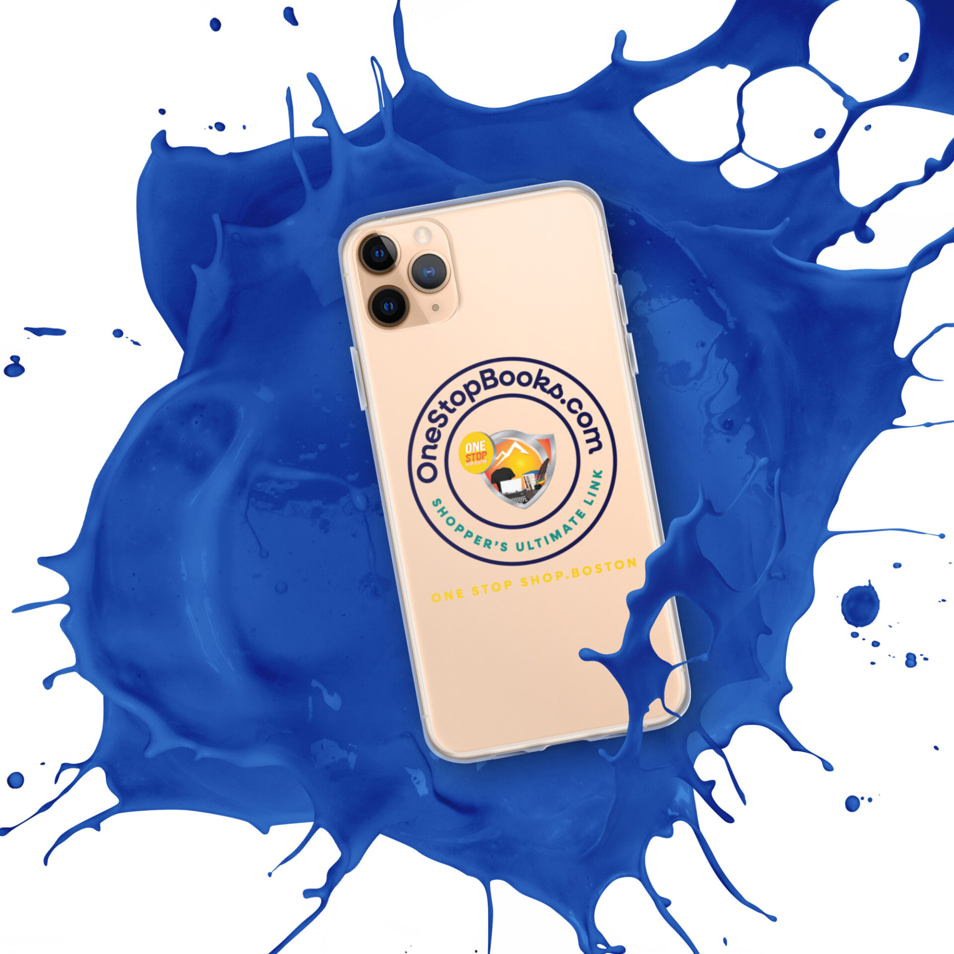 Phone with blue paint splatter.
