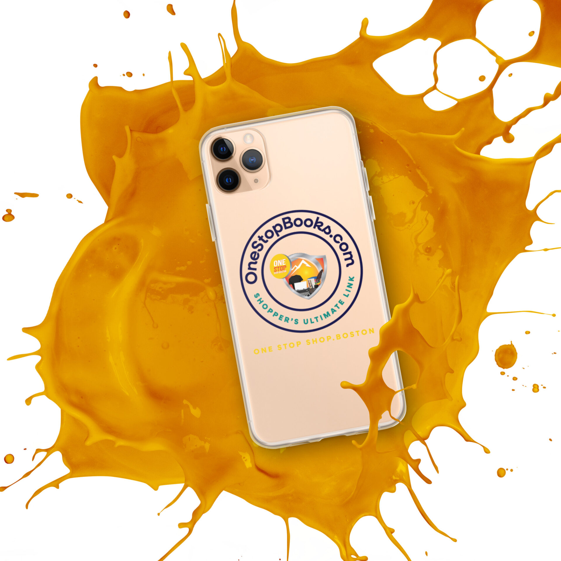 IPhone with One Stop Books.com logo in yellow paint splash.