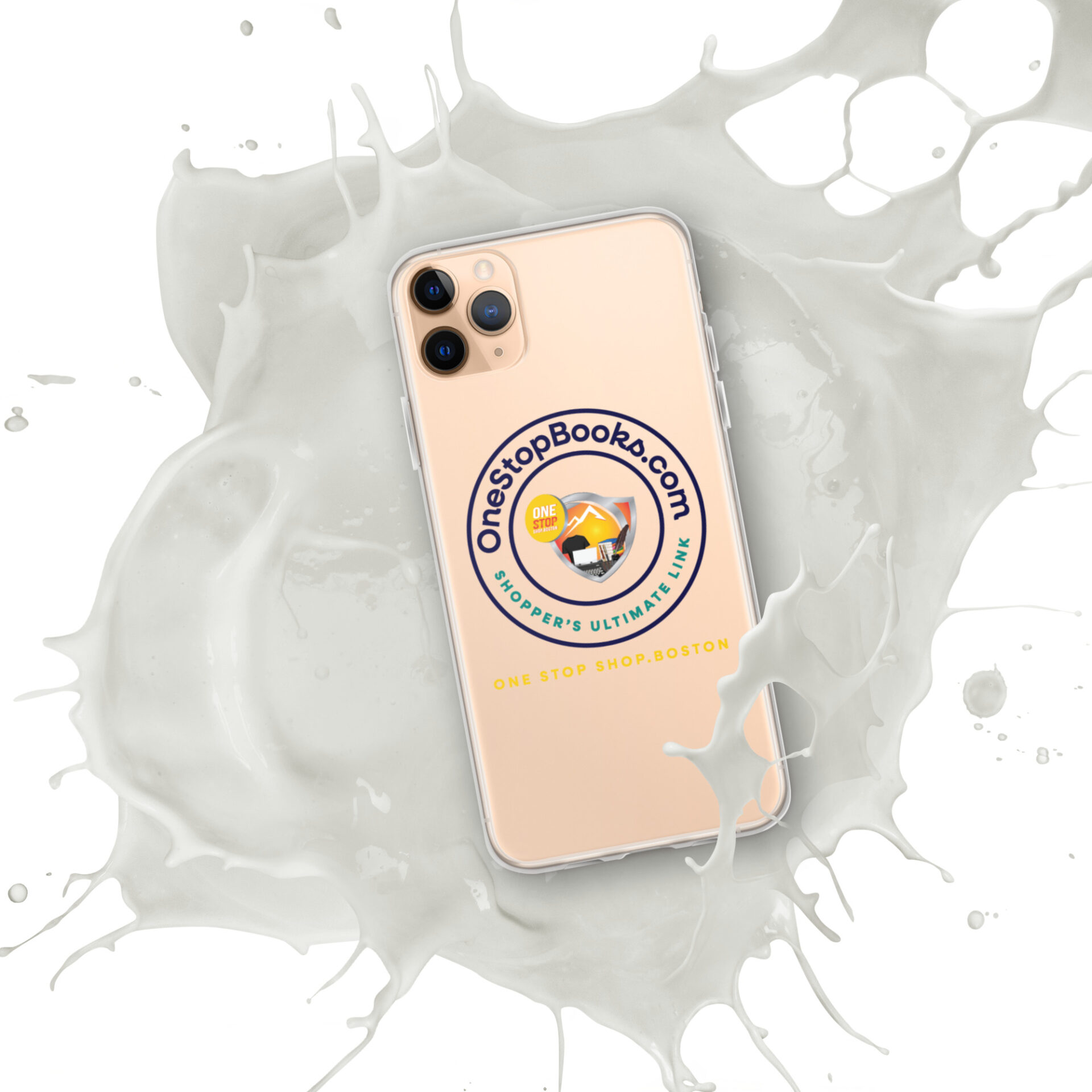 Gold iPhone in white liquid splash.