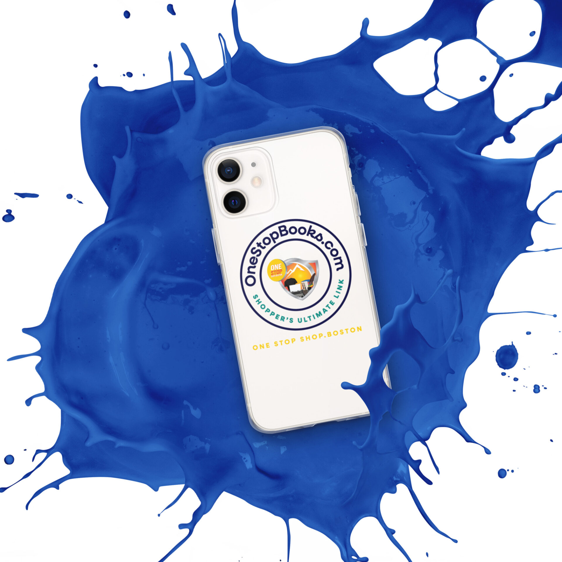 White iPhone in blue paint splatter.
