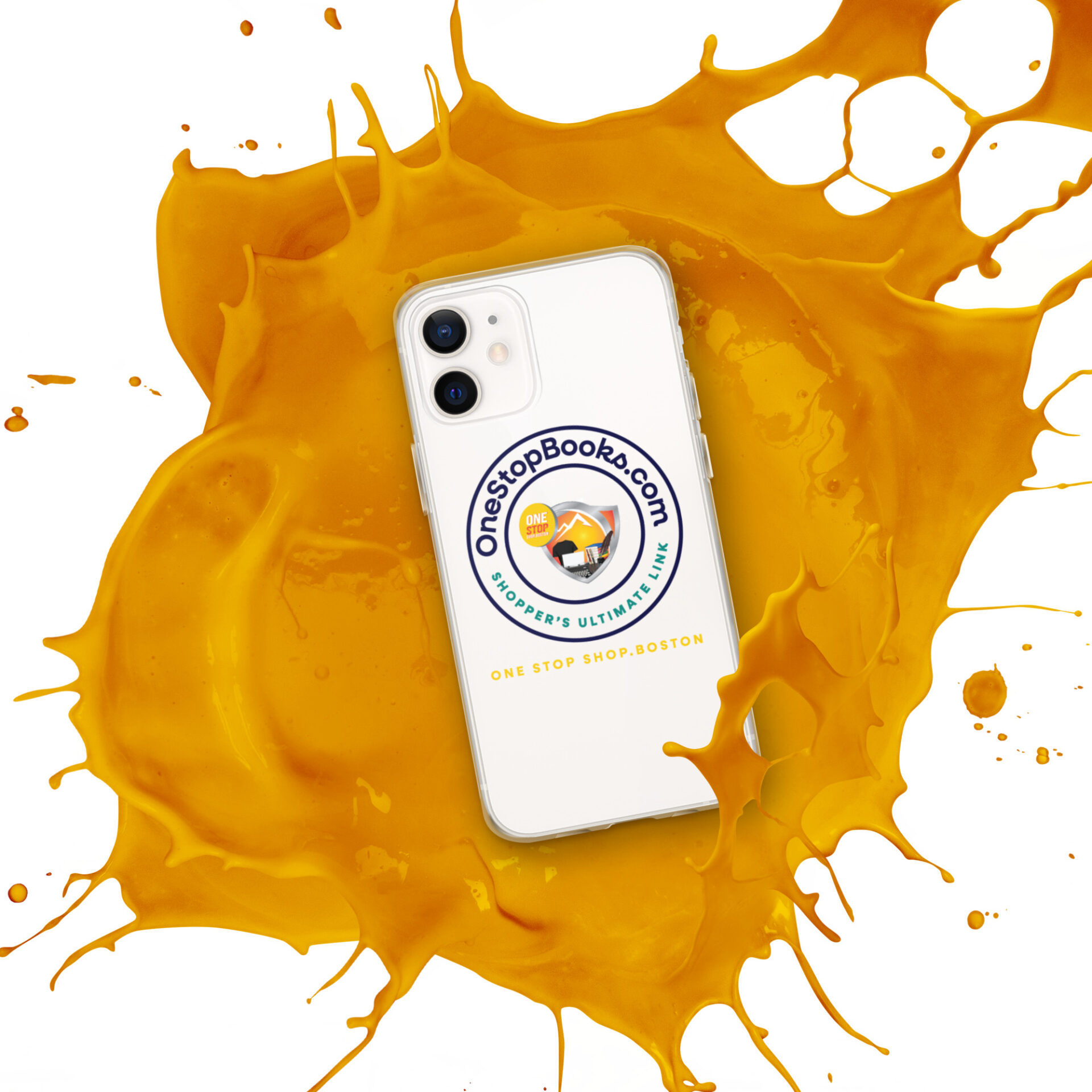 Phone case with yellow paint splatter.