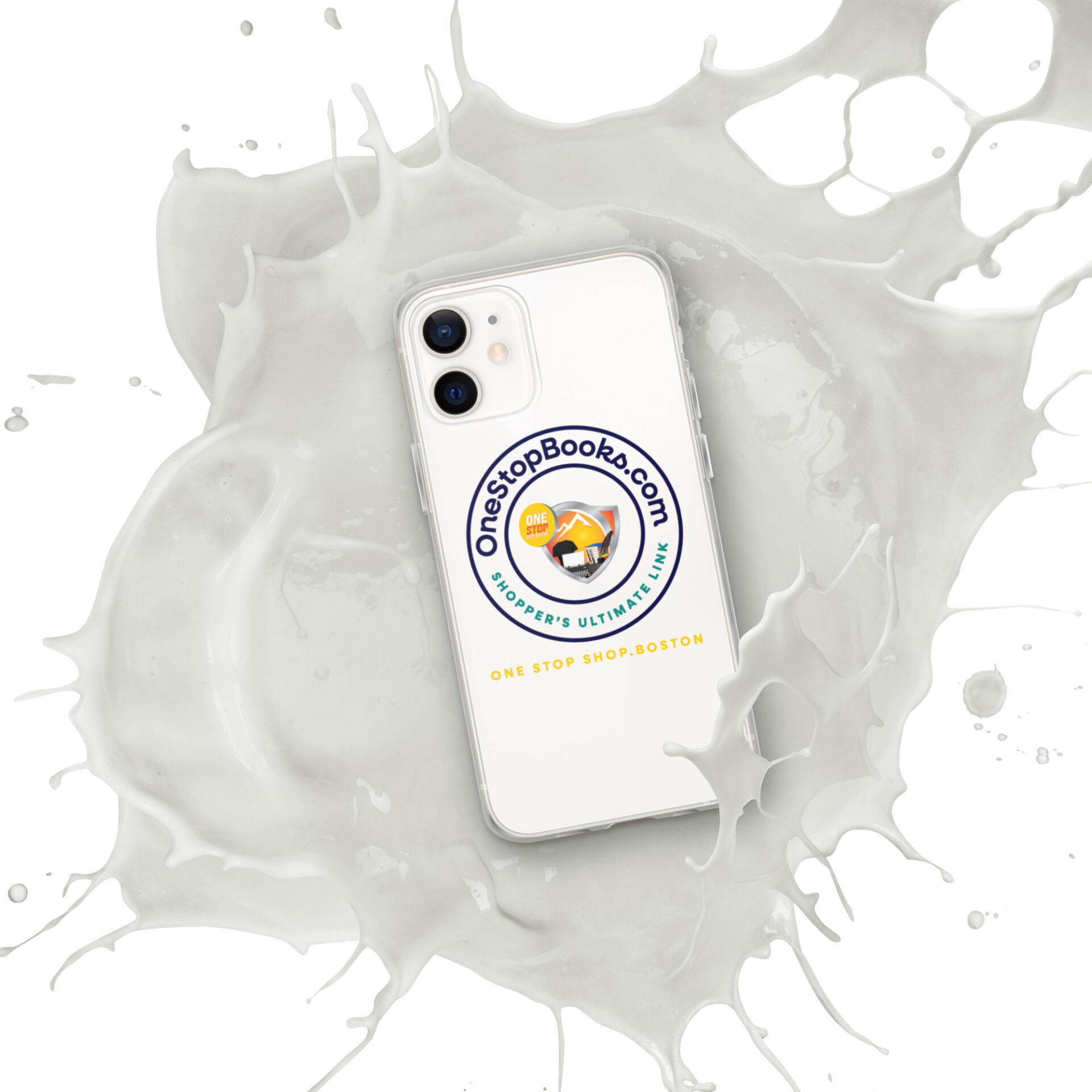 White phone with milk splash and logo.