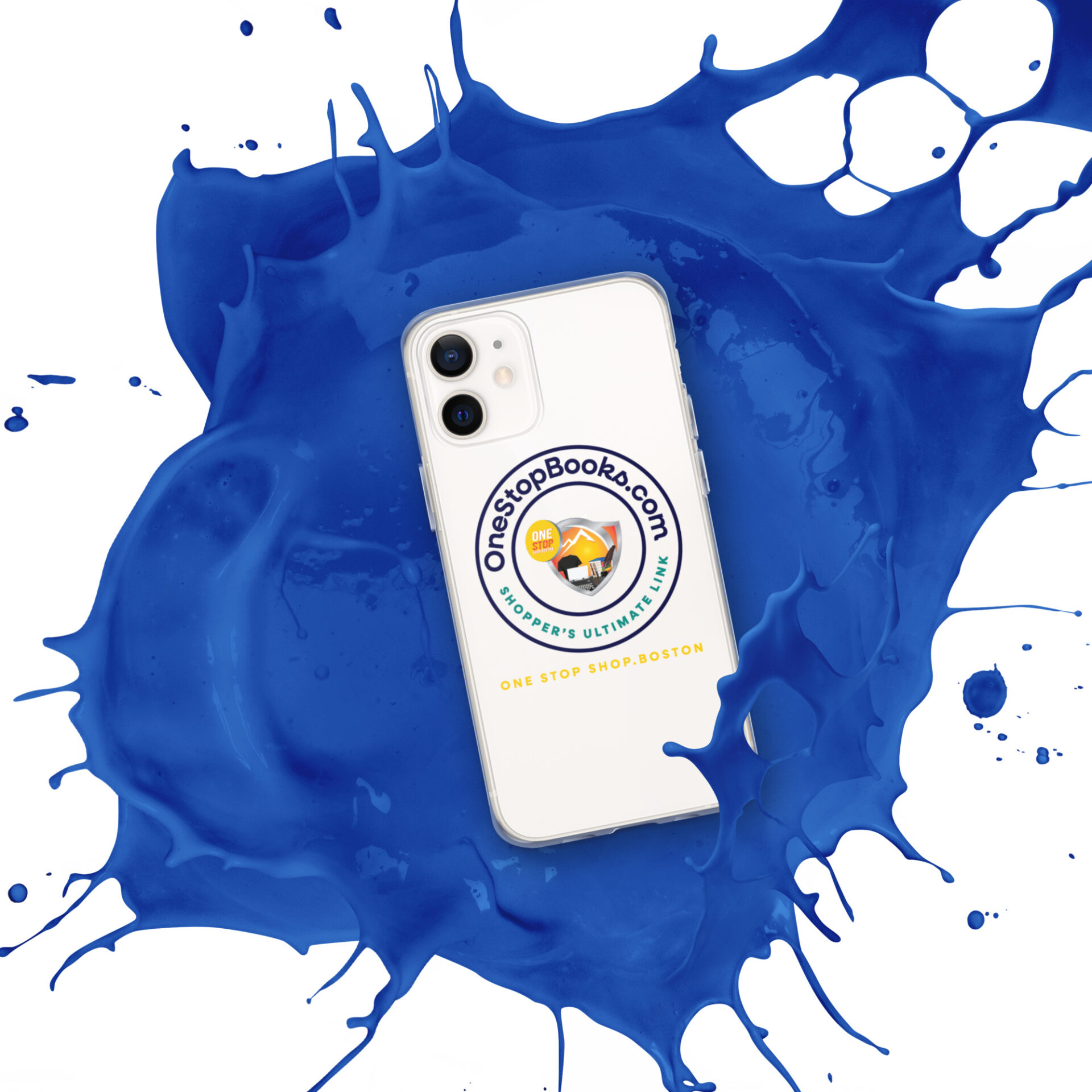 White phone with blue paint splatter.