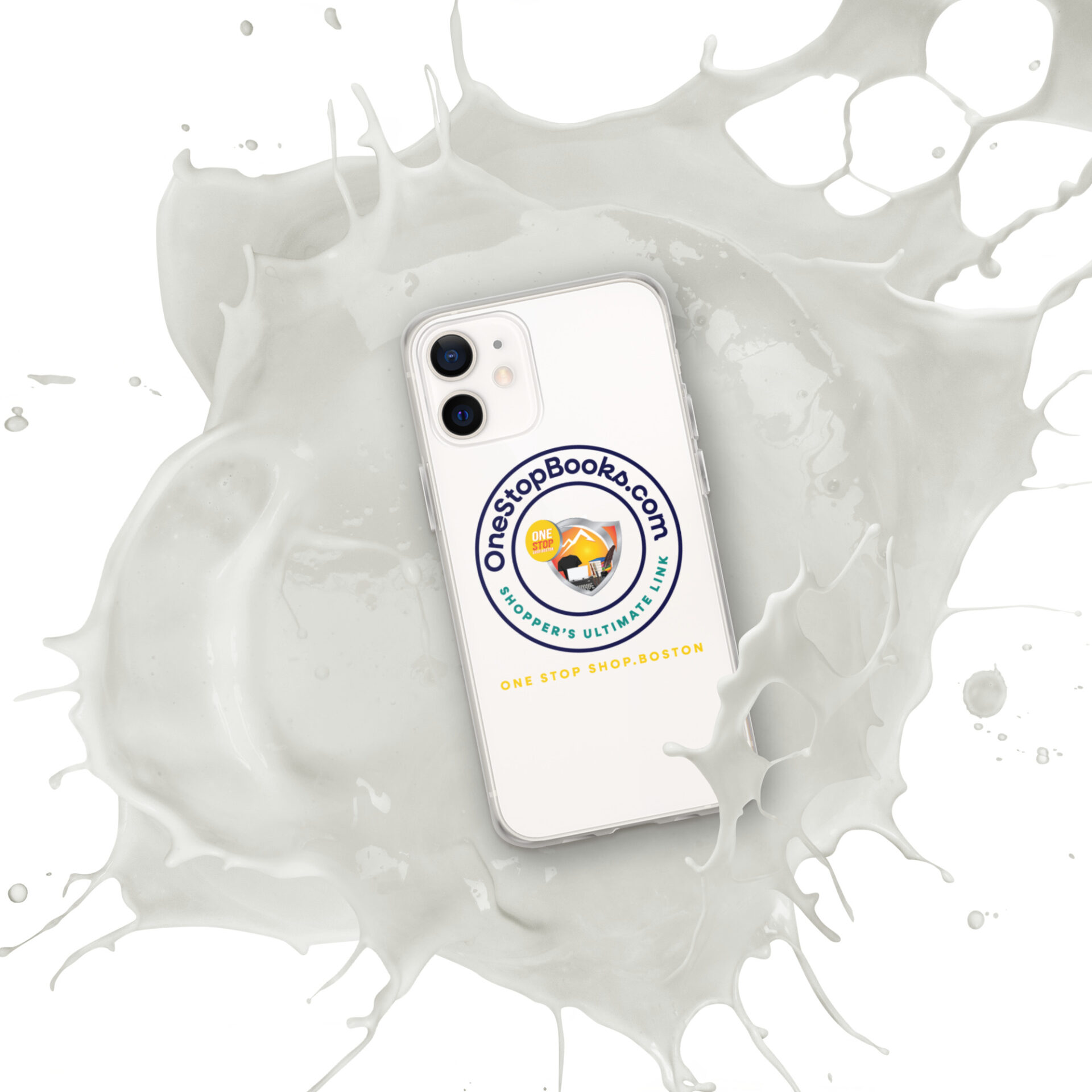 Phone case with milk splash and logo.