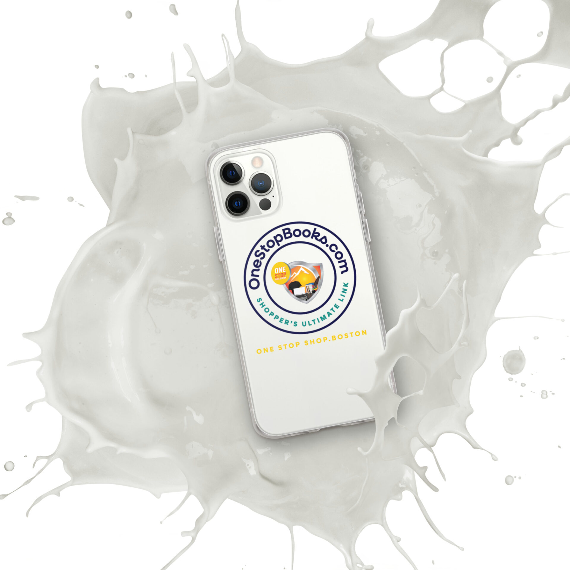 White iPhone in milk splash with logo.