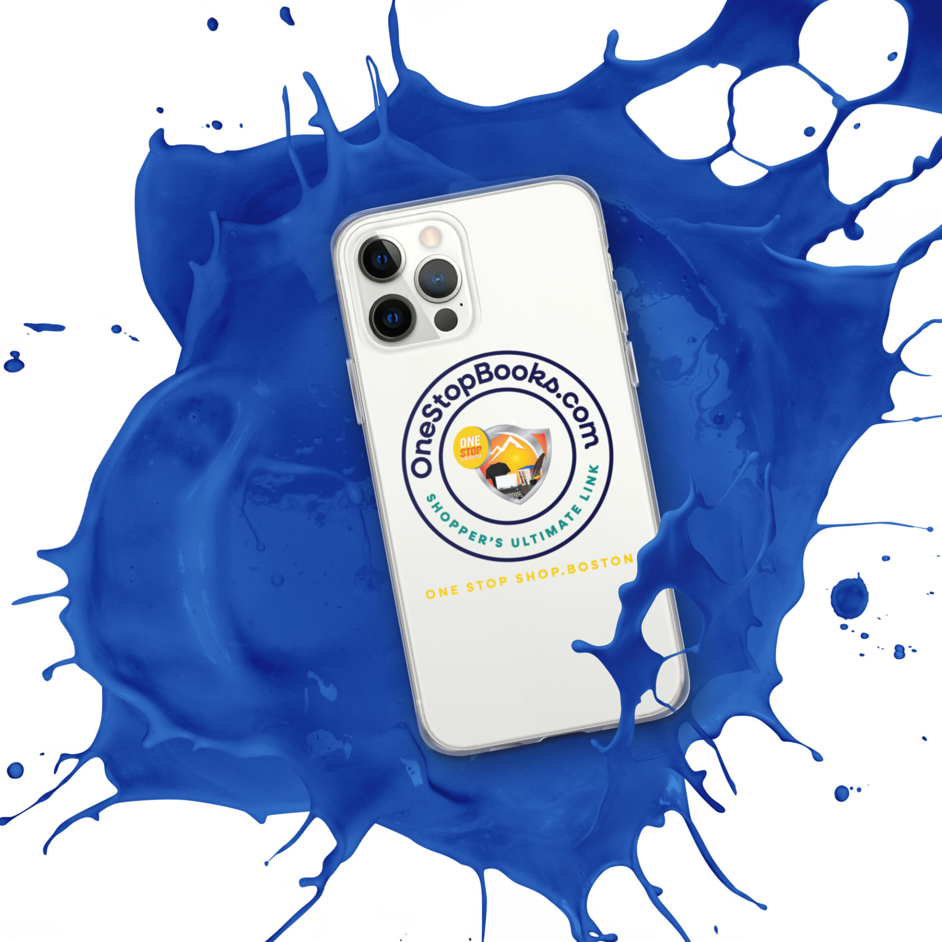 OneStopBooks.com phone case in blue paint splatter.