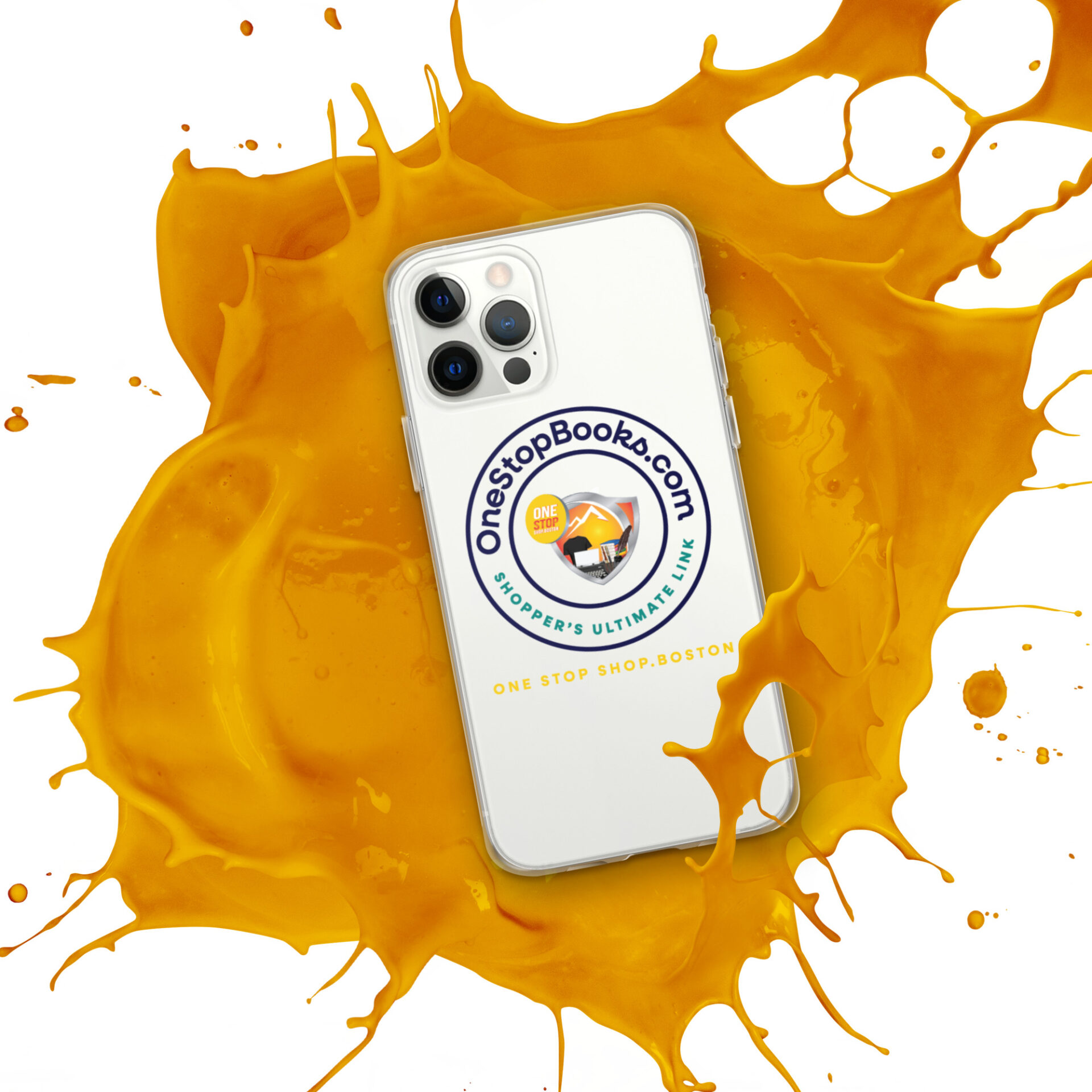 White phone case with yellow paint splatter.