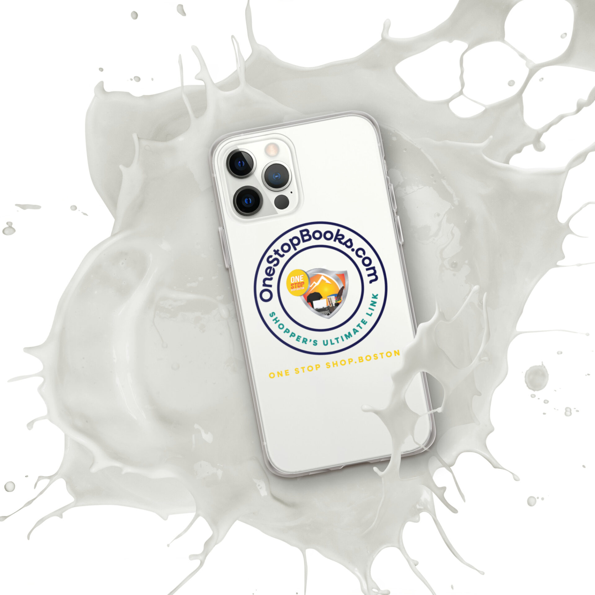 White iPhone with OneStopBooks.com logo.
