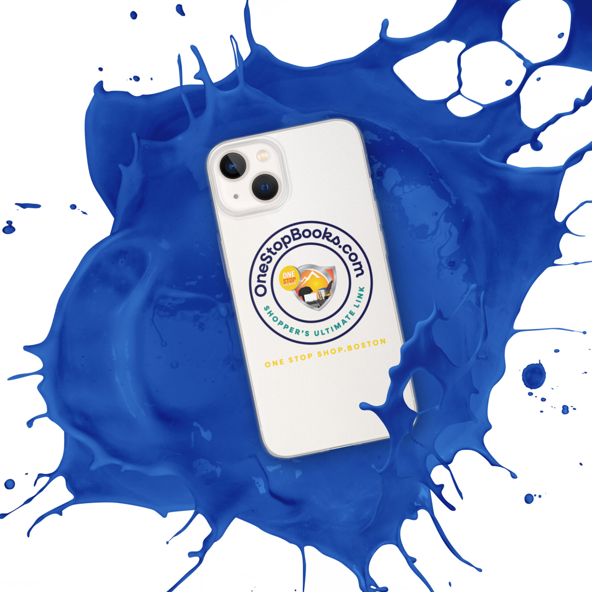 Phone case with blue paint splatter.