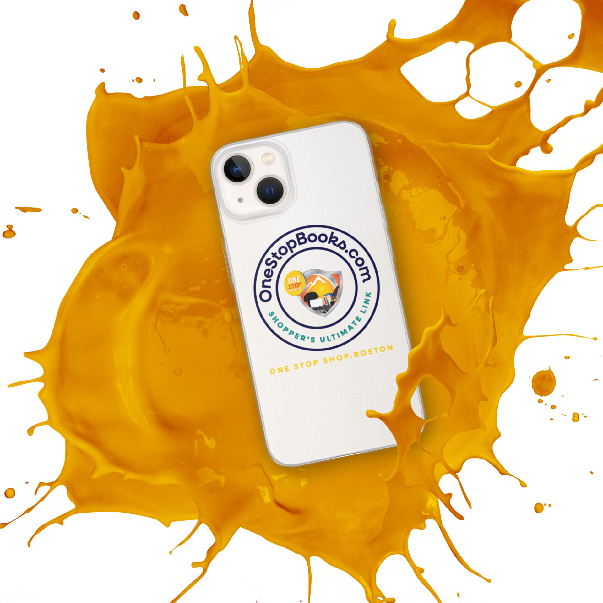 White iPhone with yellow paint splatter.