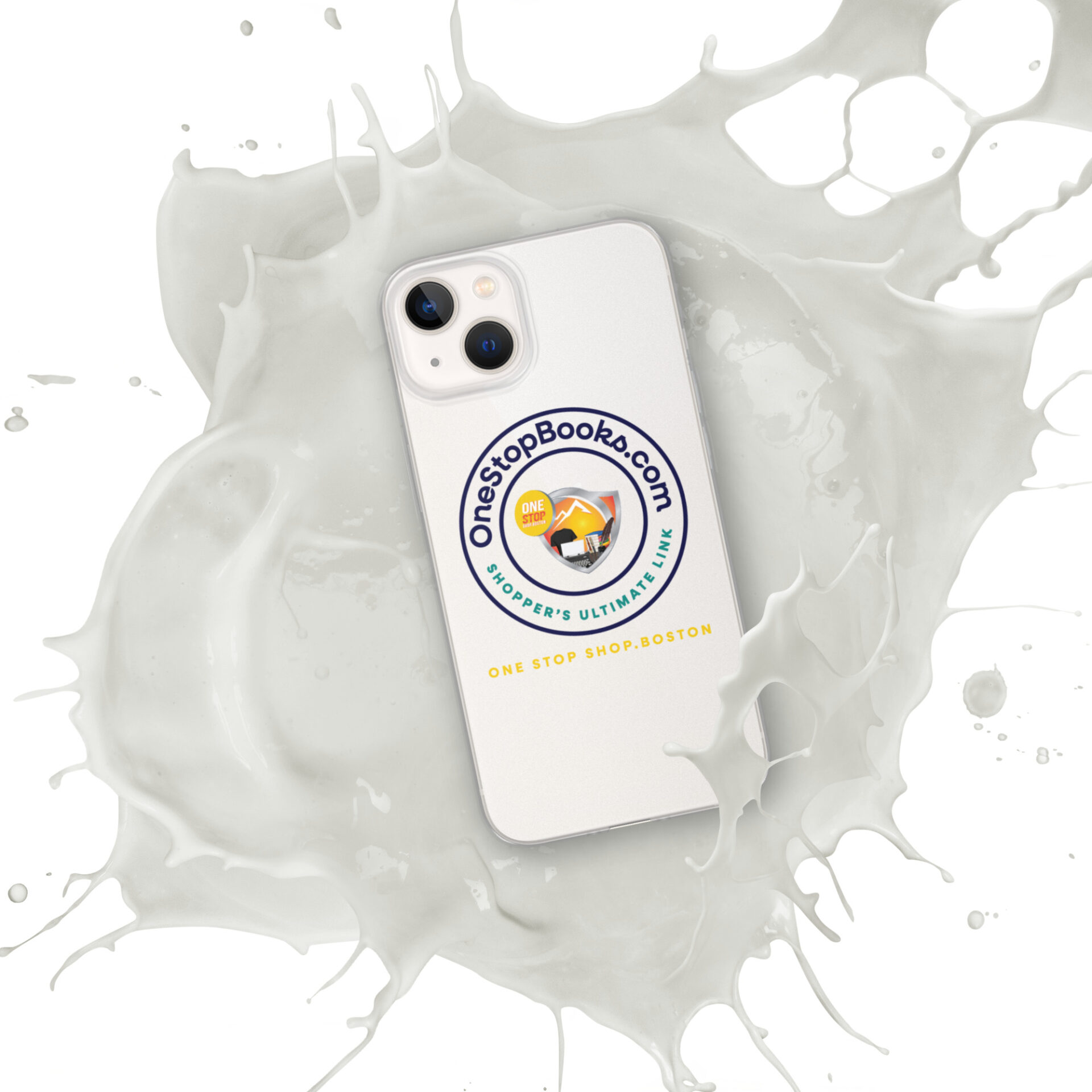 White iPhone with OneStopBooks.com logo in milk splash.