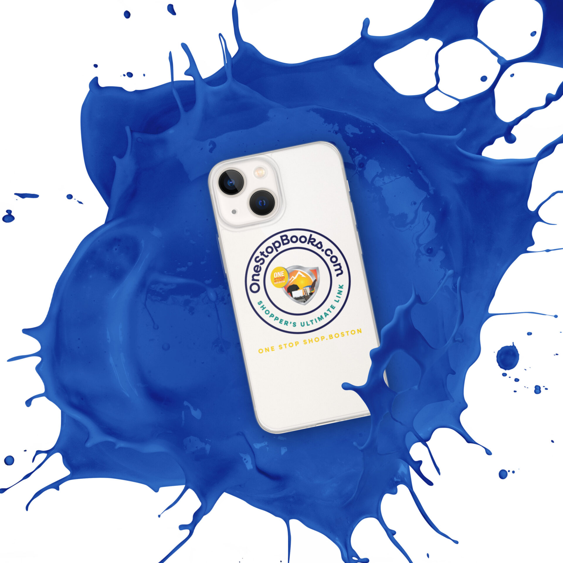 White iPhone with blue paint splash.