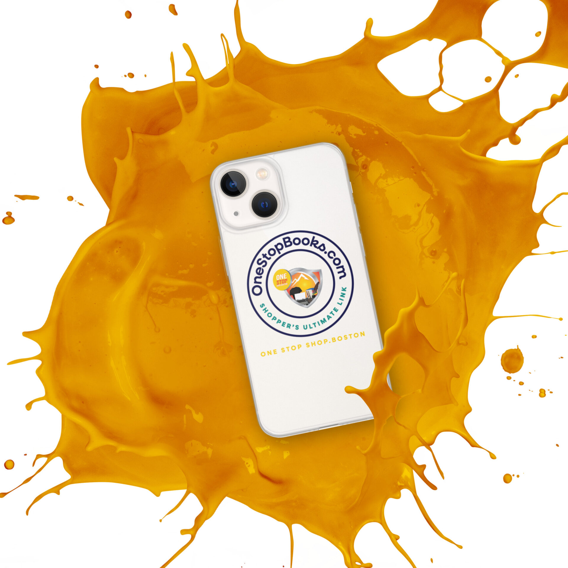 White phone with yellow paint splatter.