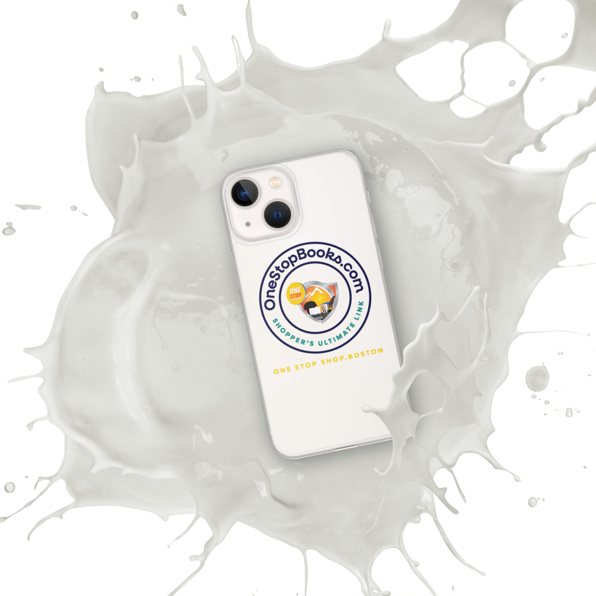 White phone with OneStopBooks.com logo in milk splash.