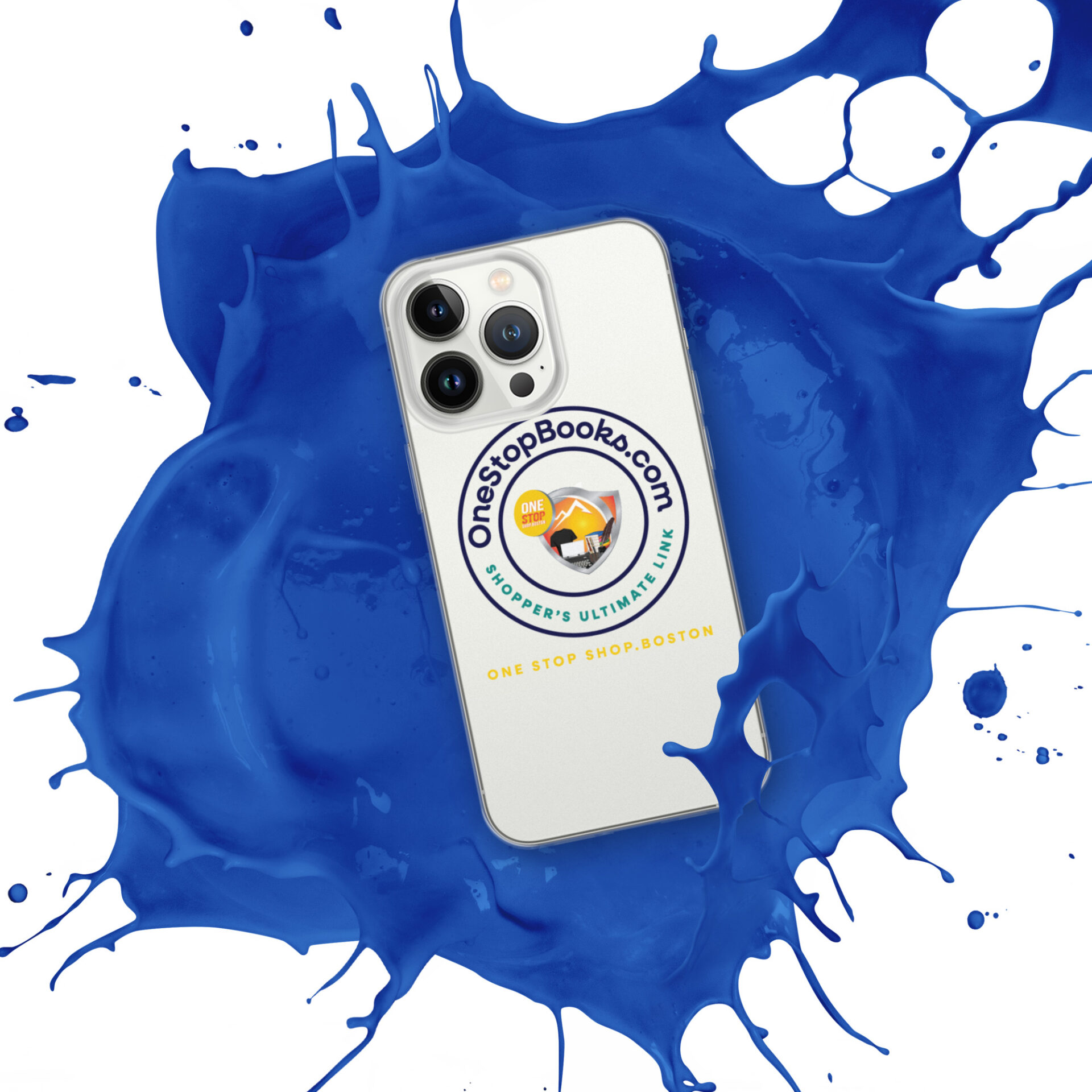 White iPhone with blue paint splash.