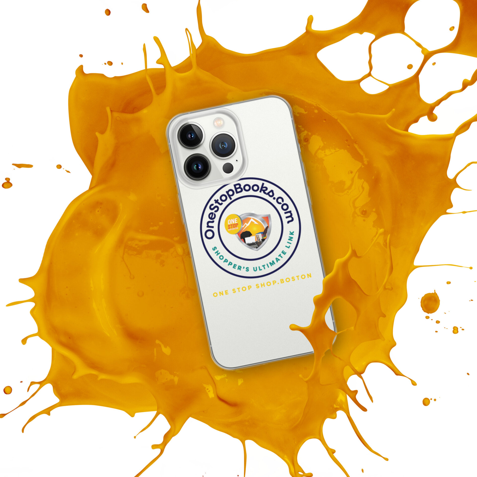 White phone with yellow paint splatter.
