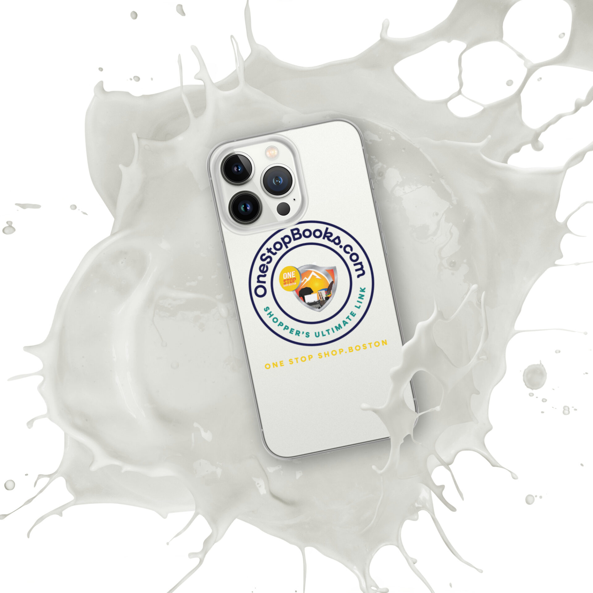 White smartphone with milk splash and logo.