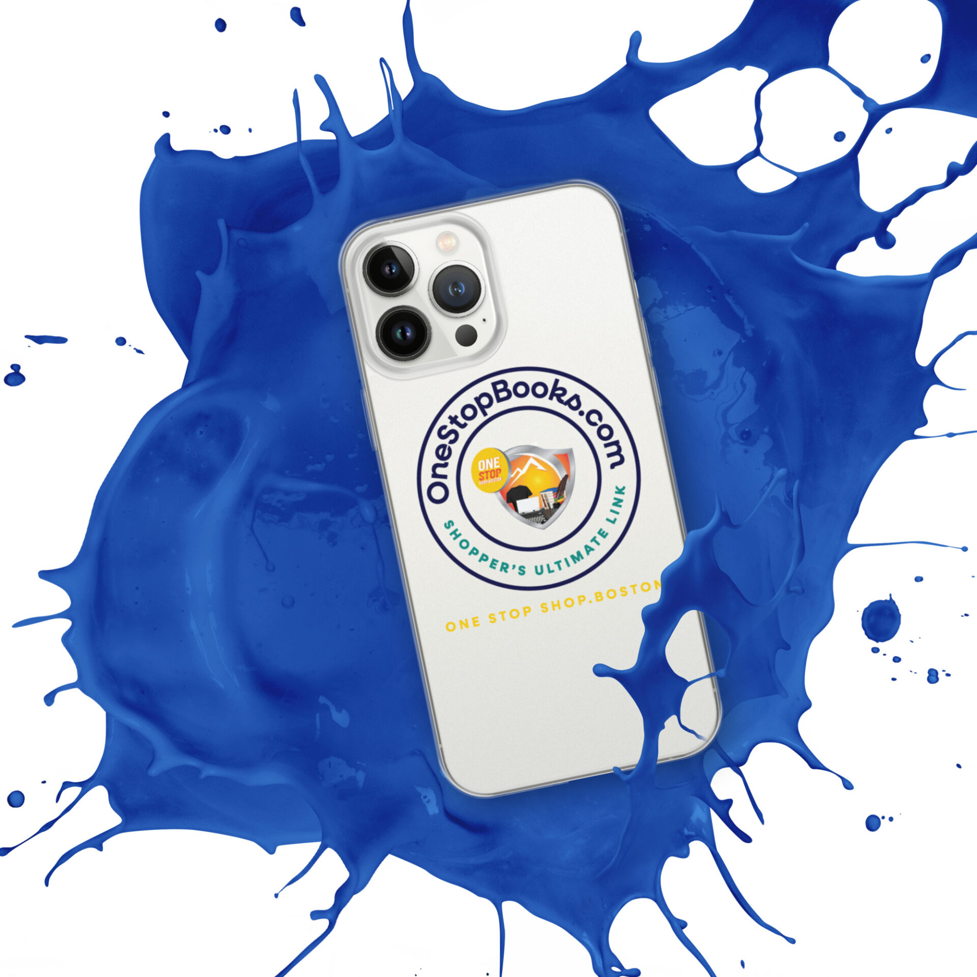 Phone case with blue paint splatter.