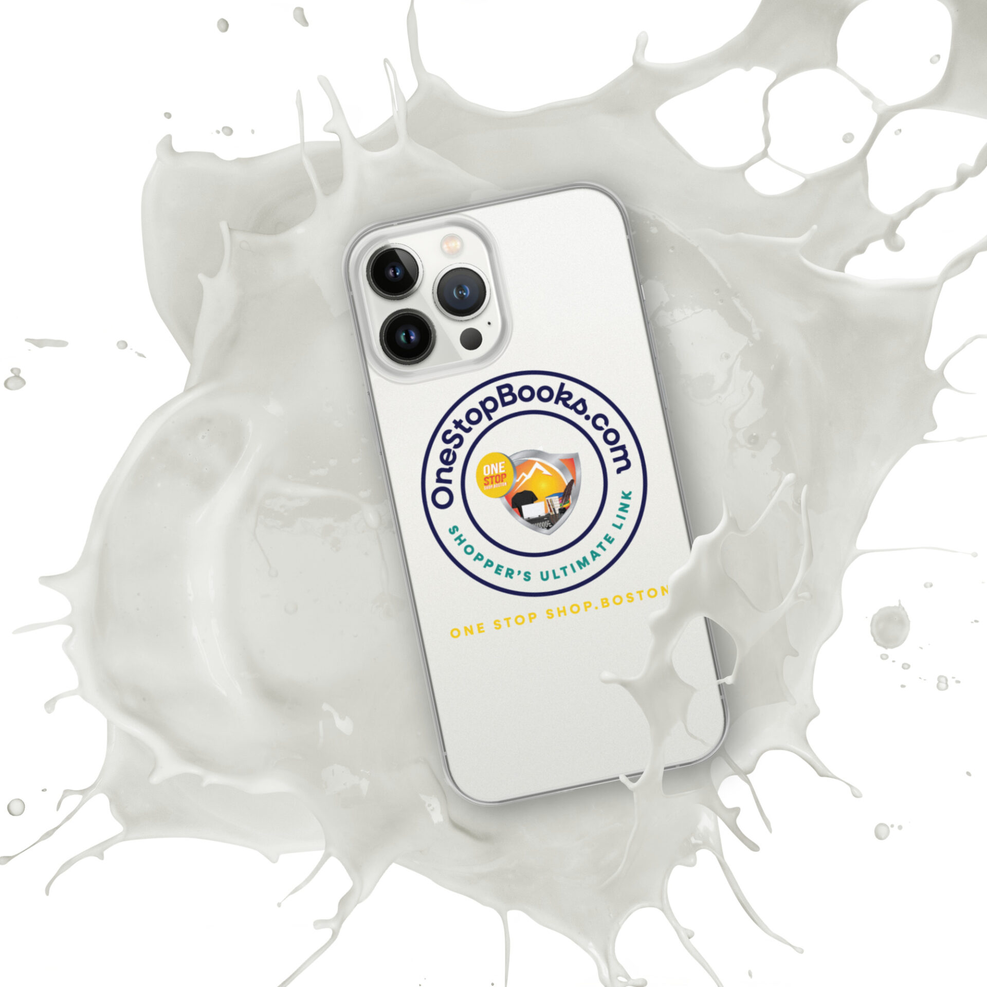 White phone in milk splash with logo.