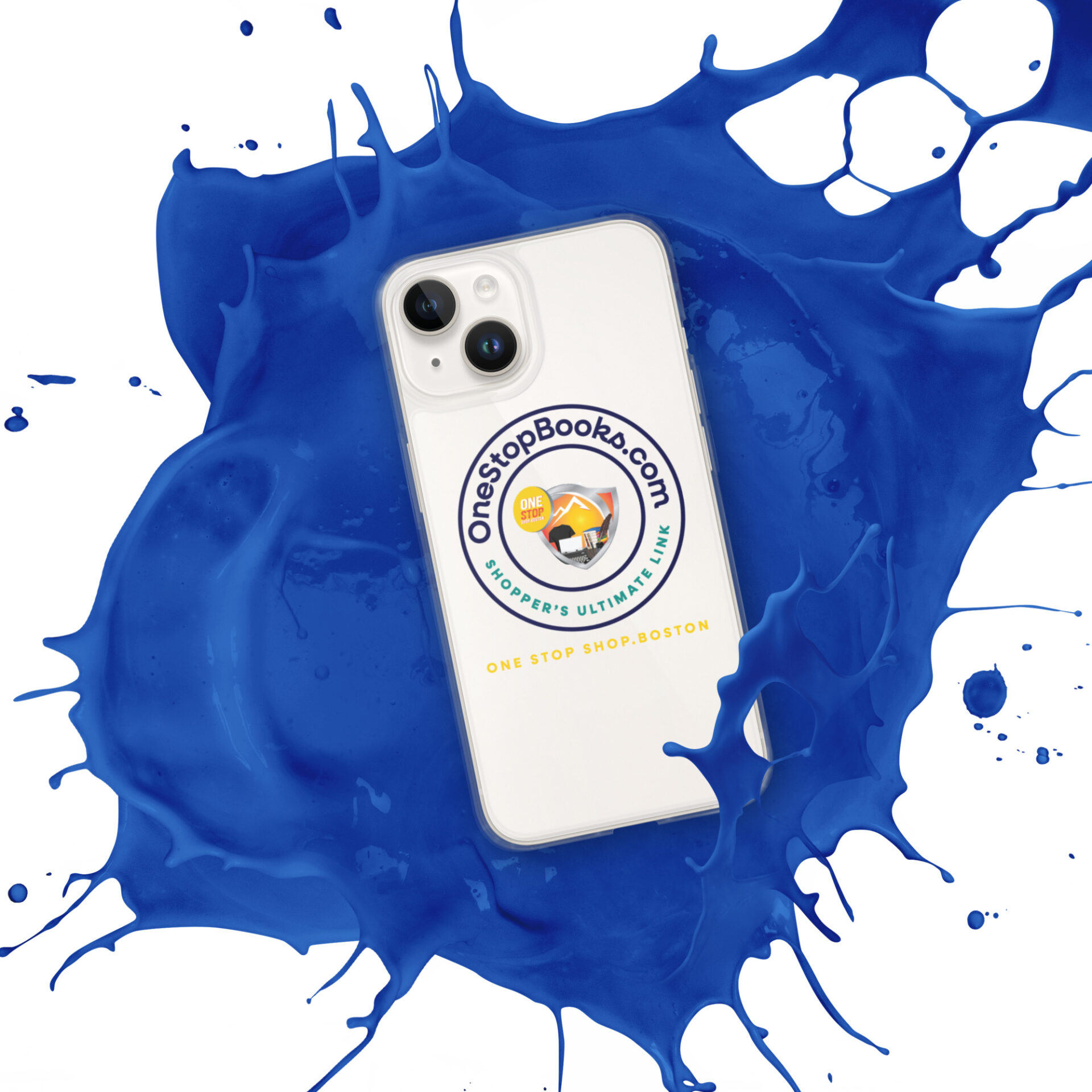 Phone case with blue paint splatter.