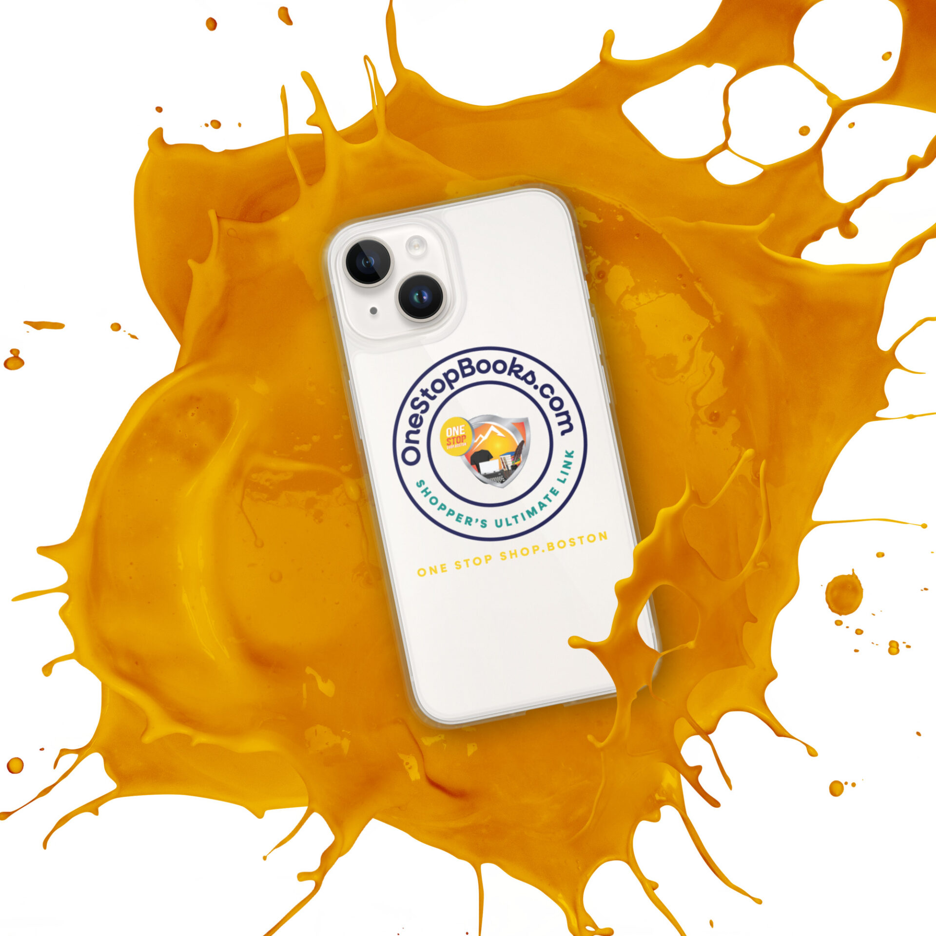 White iPhone in orange paint splatter.