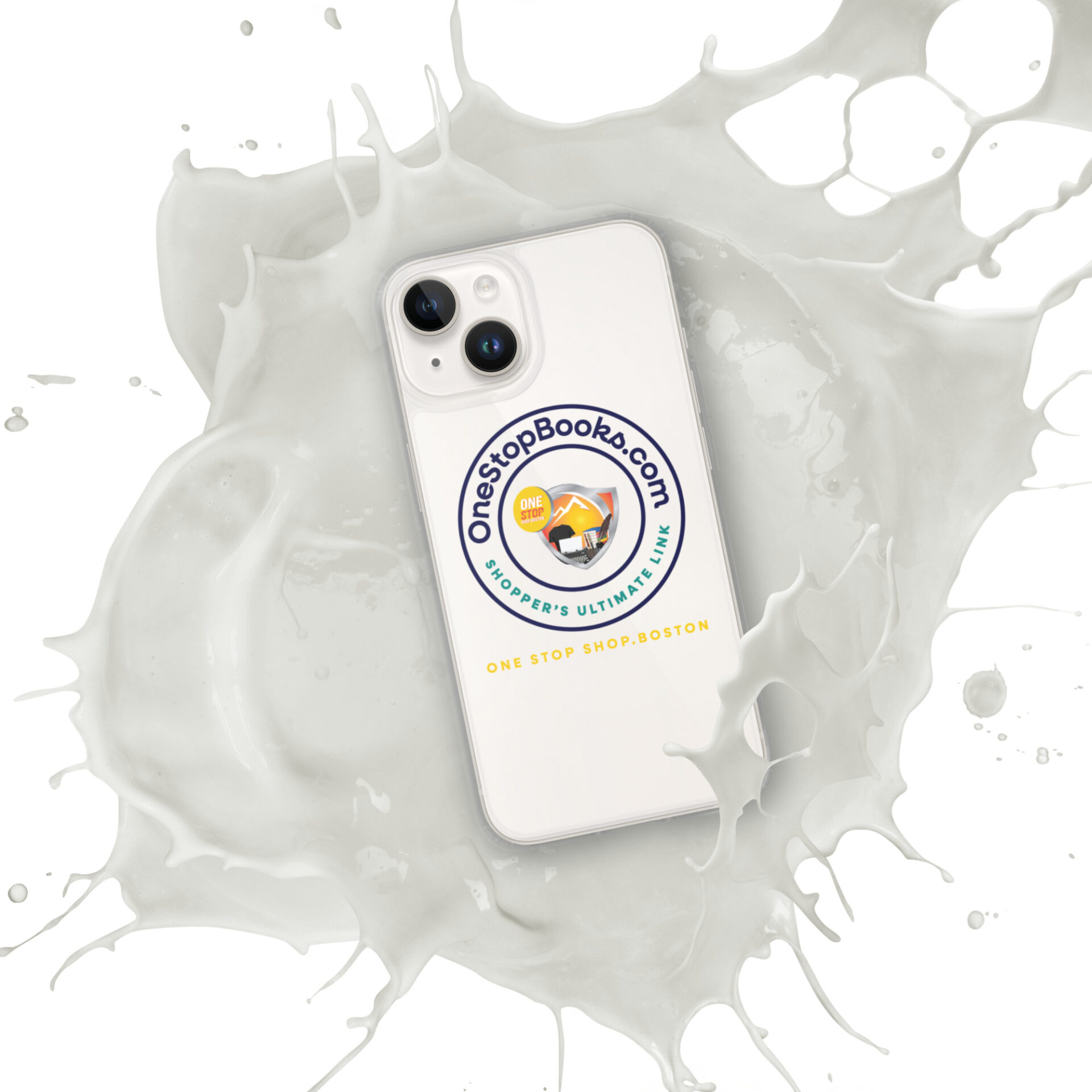 White iPhone in milk splash, Onestopbooks.com logo.