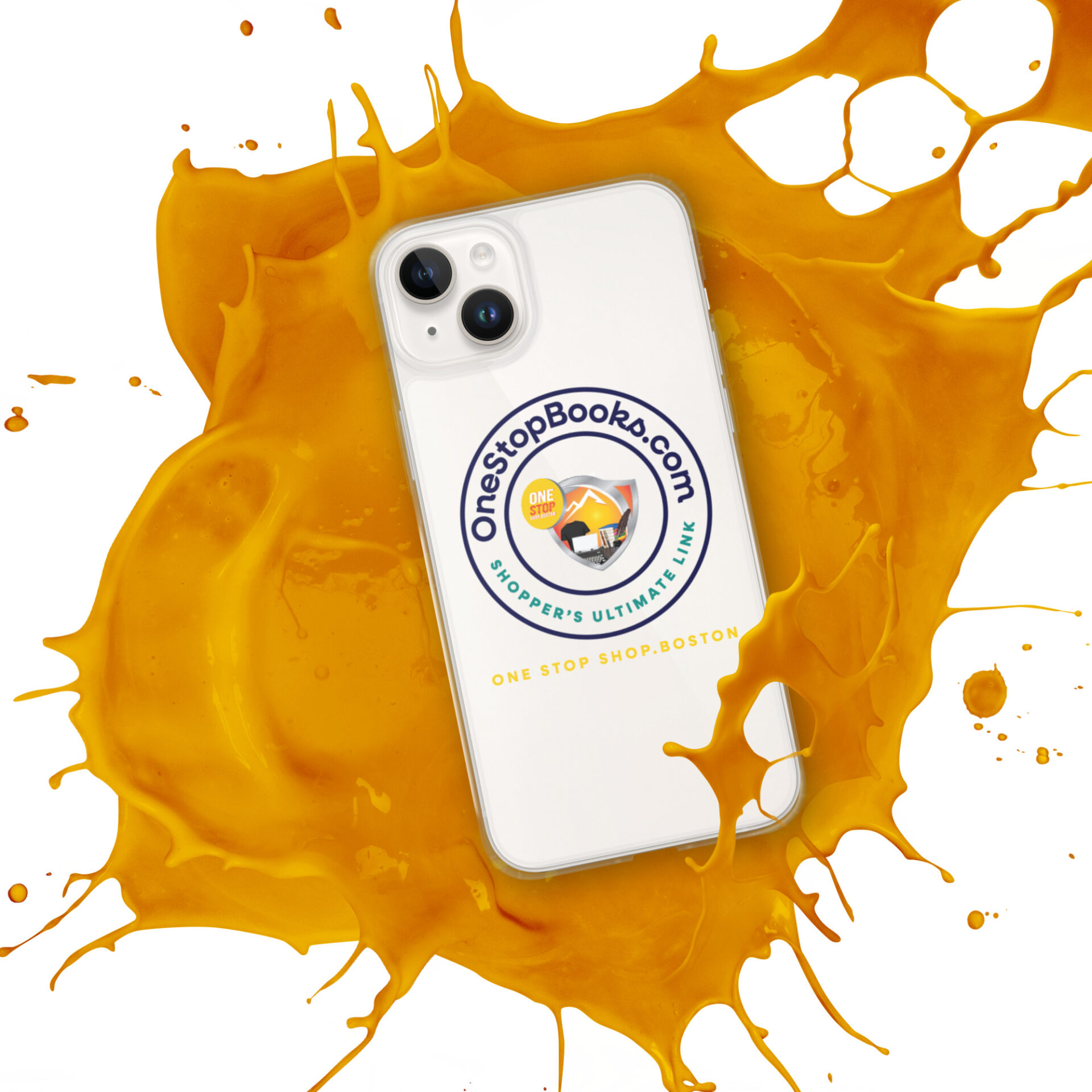 White phone with yellow paint splatter.