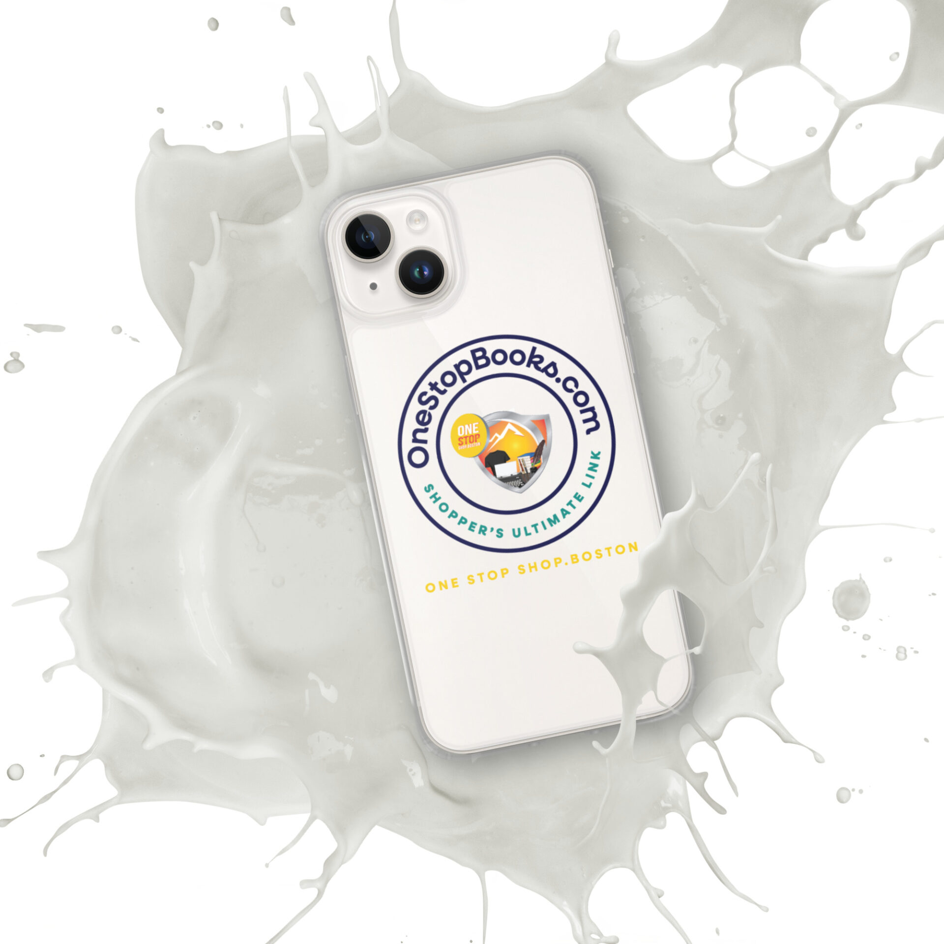 White phone with One Stop Books logo in milk splash.