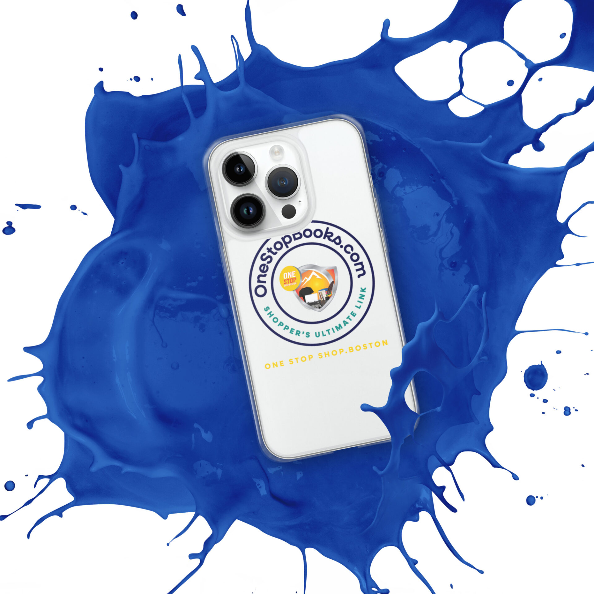 White iPhone case with blue paint splatter.