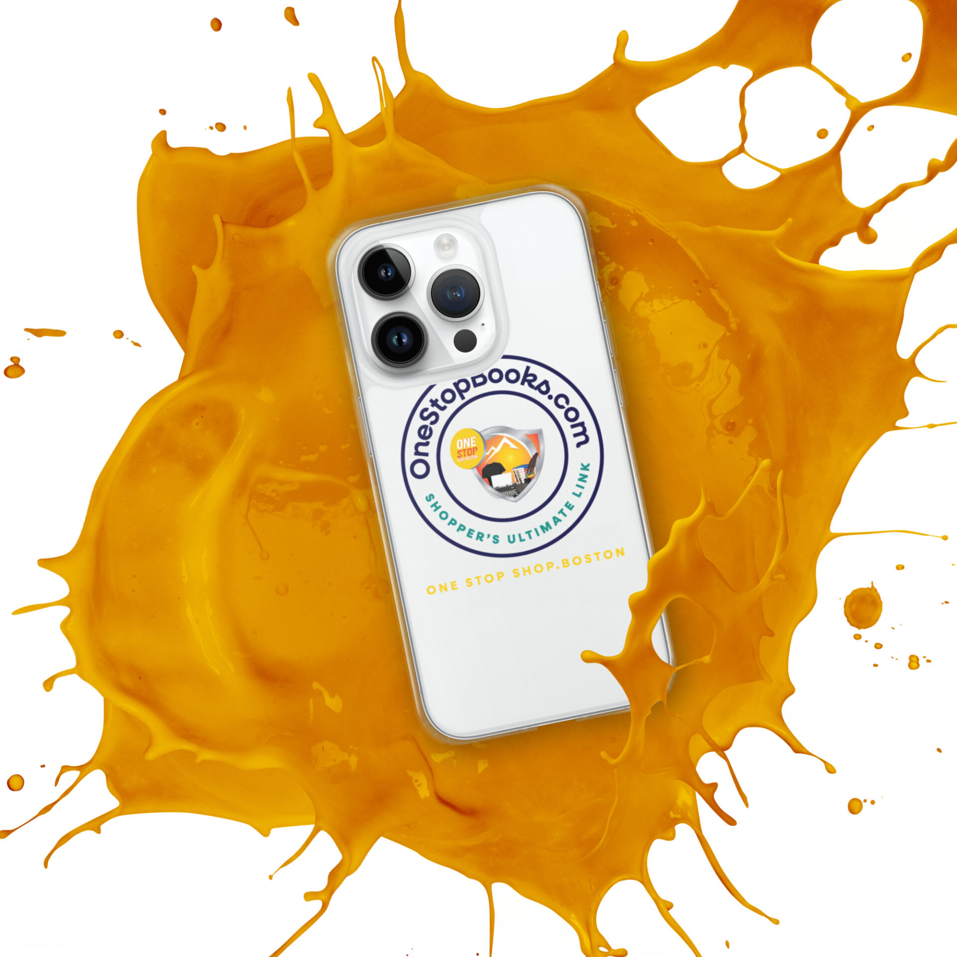 White phone with yellow paint splatter.