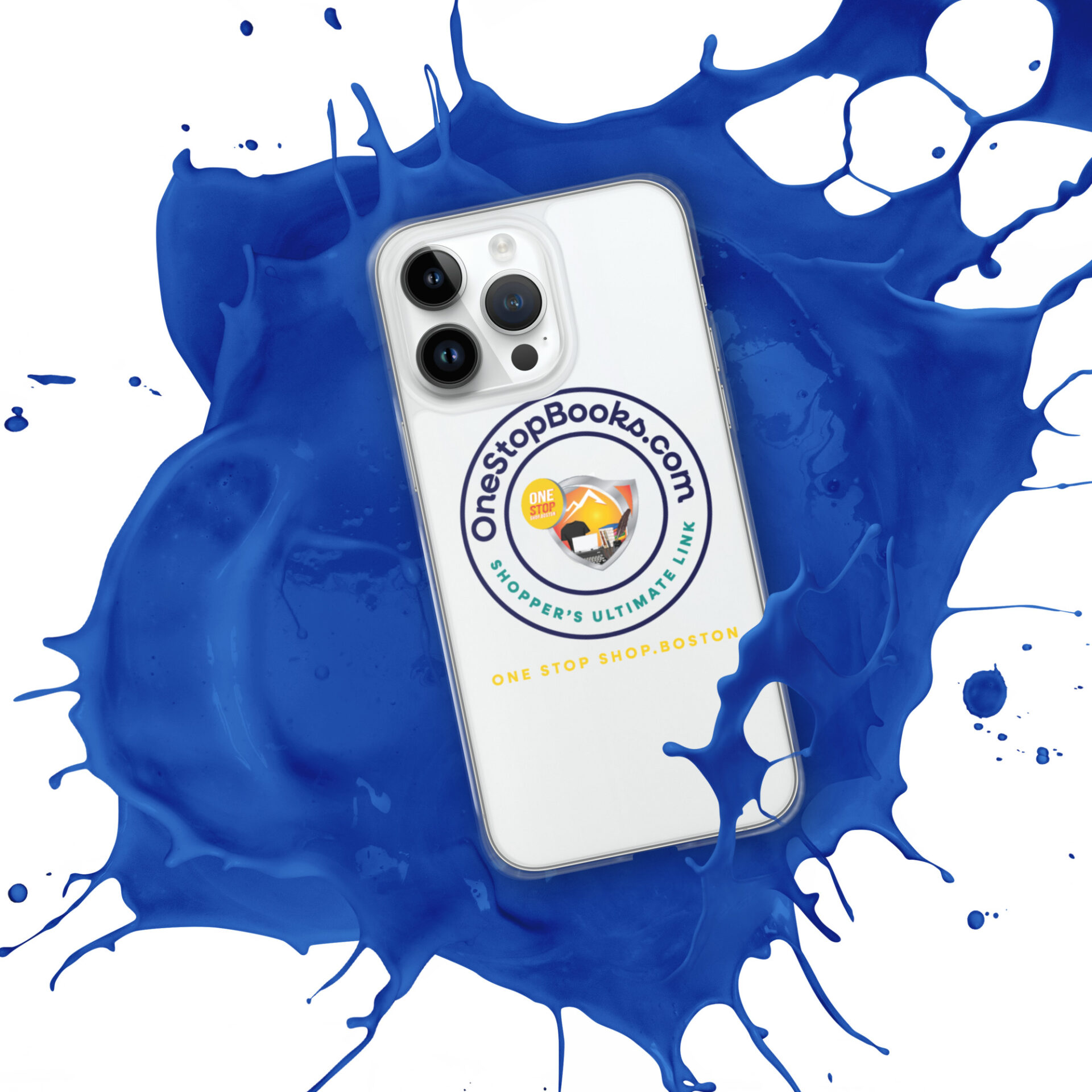 White iPhone case with blue paint splatter.