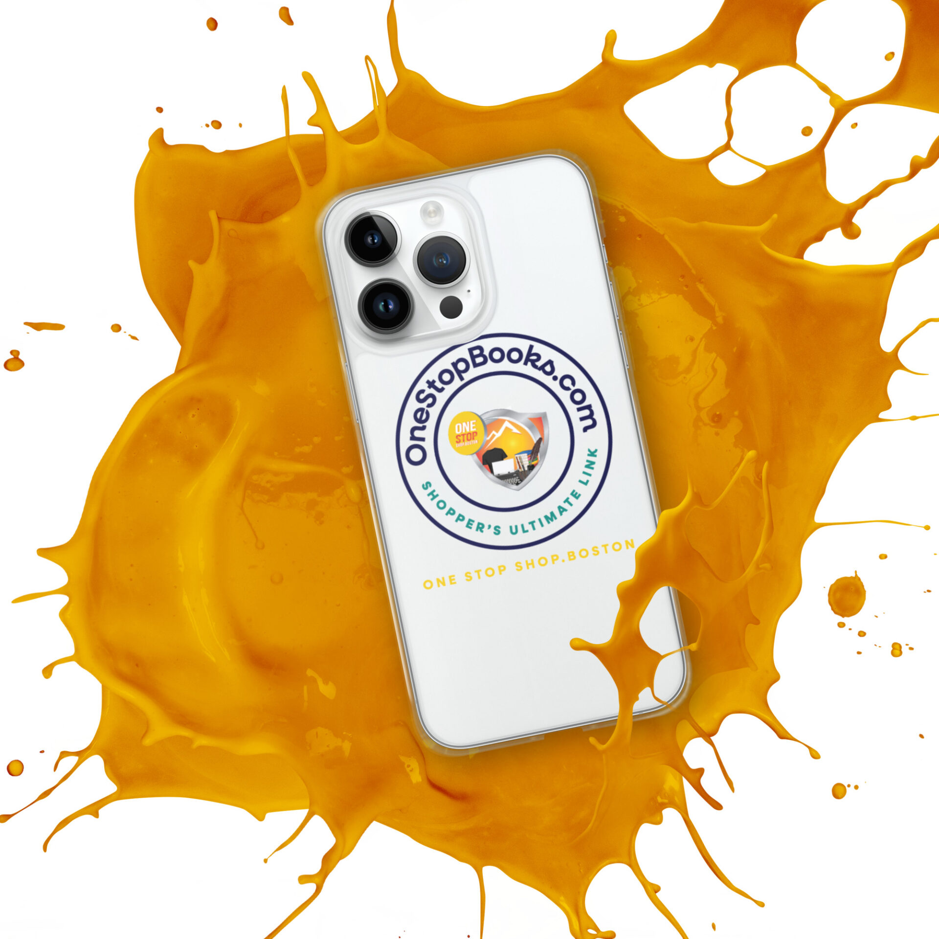 OneStopBooks.com phone case in yellow paint splash.