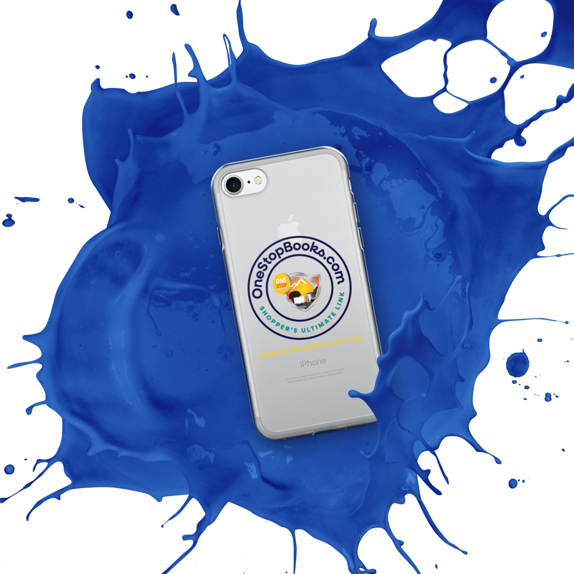 IPhone case with blue paint splash.