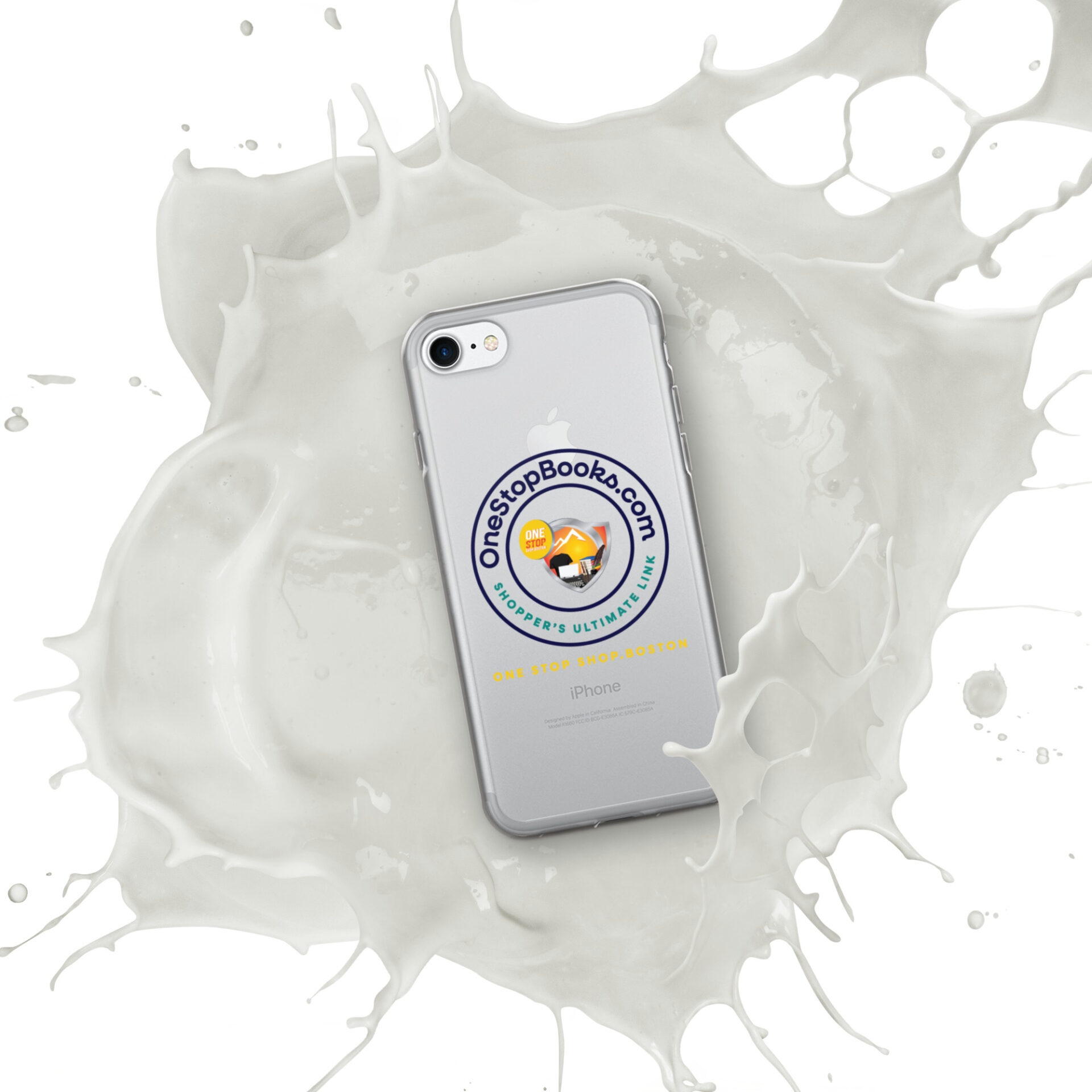 IPhone in milk splash with logo.