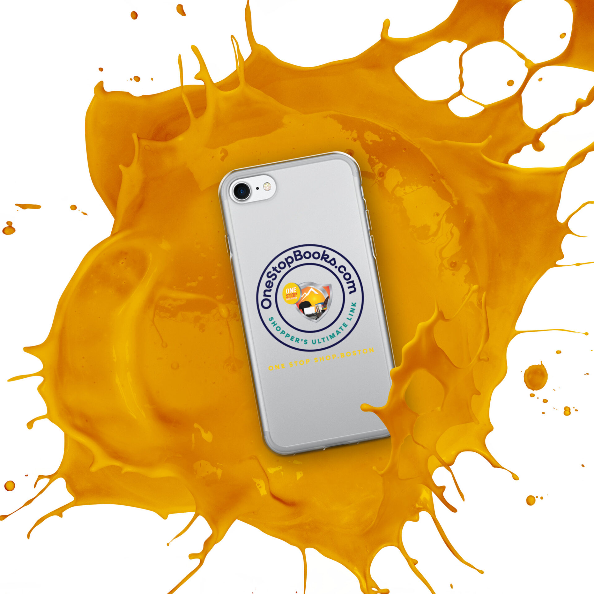 Smartphone with OneStopBook.com logo in paint splatter.