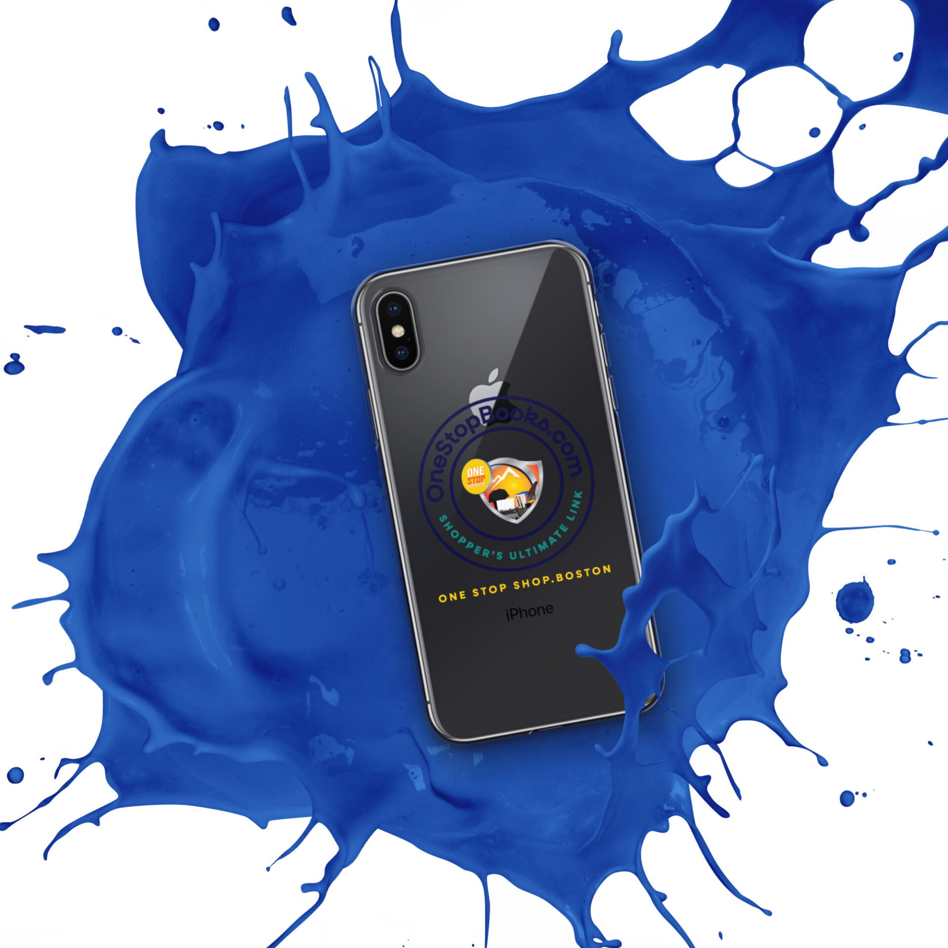 Black iPhone with blue paint splash.