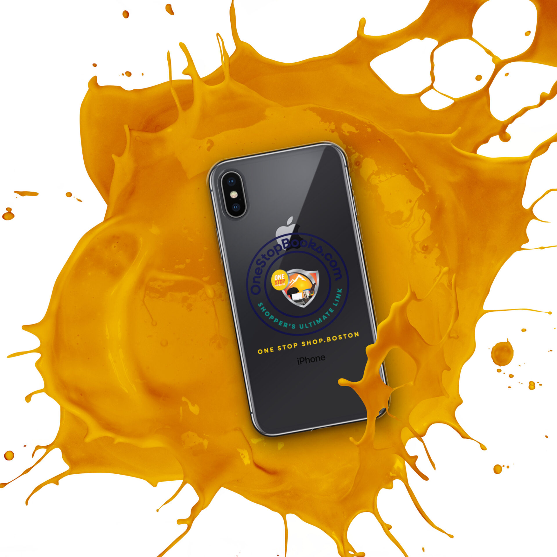 Black iPhone in yellow paint splash.