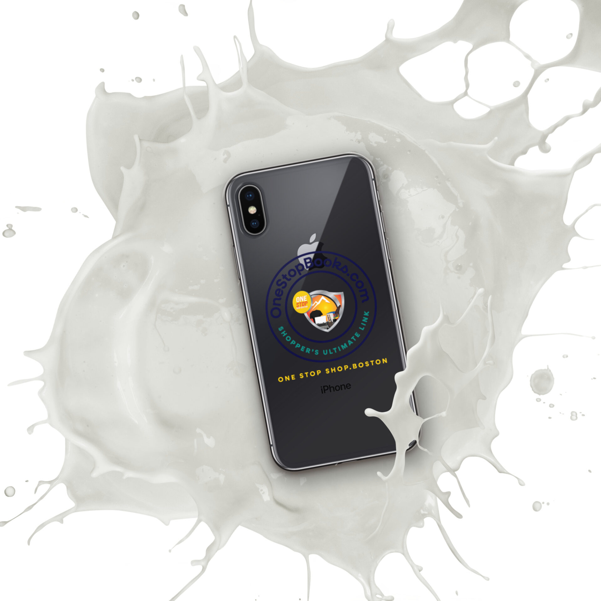 Black iPhone in a milk splash.