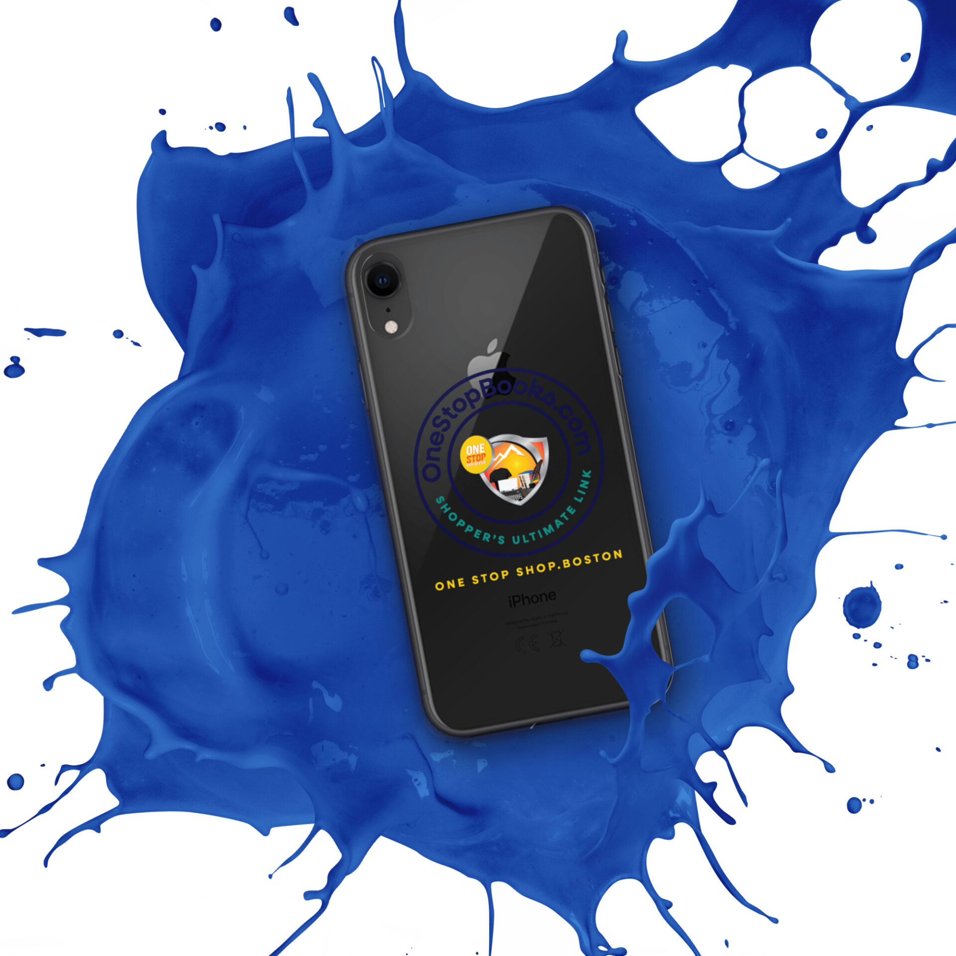 Black iPhone in blue paint splatter.