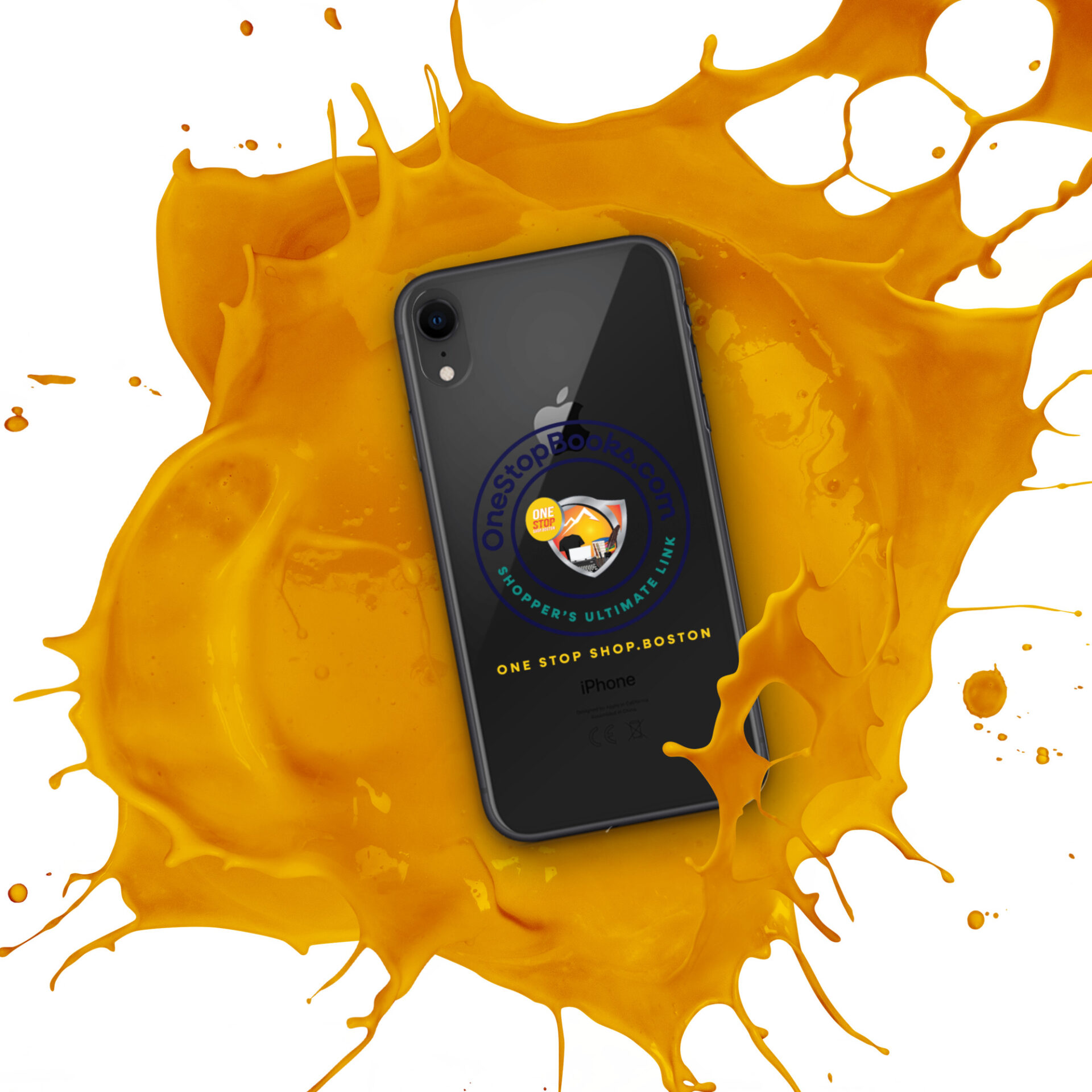 Black iPhone in yellow paint splatter.