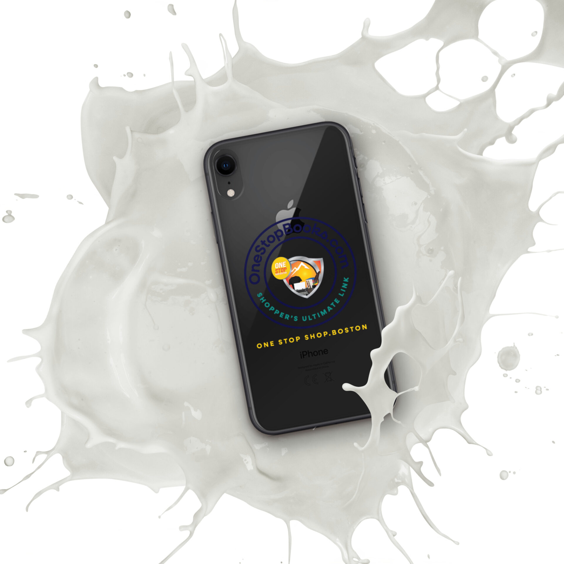 Black iPhone in milk splash, One Stop Shop Boston.