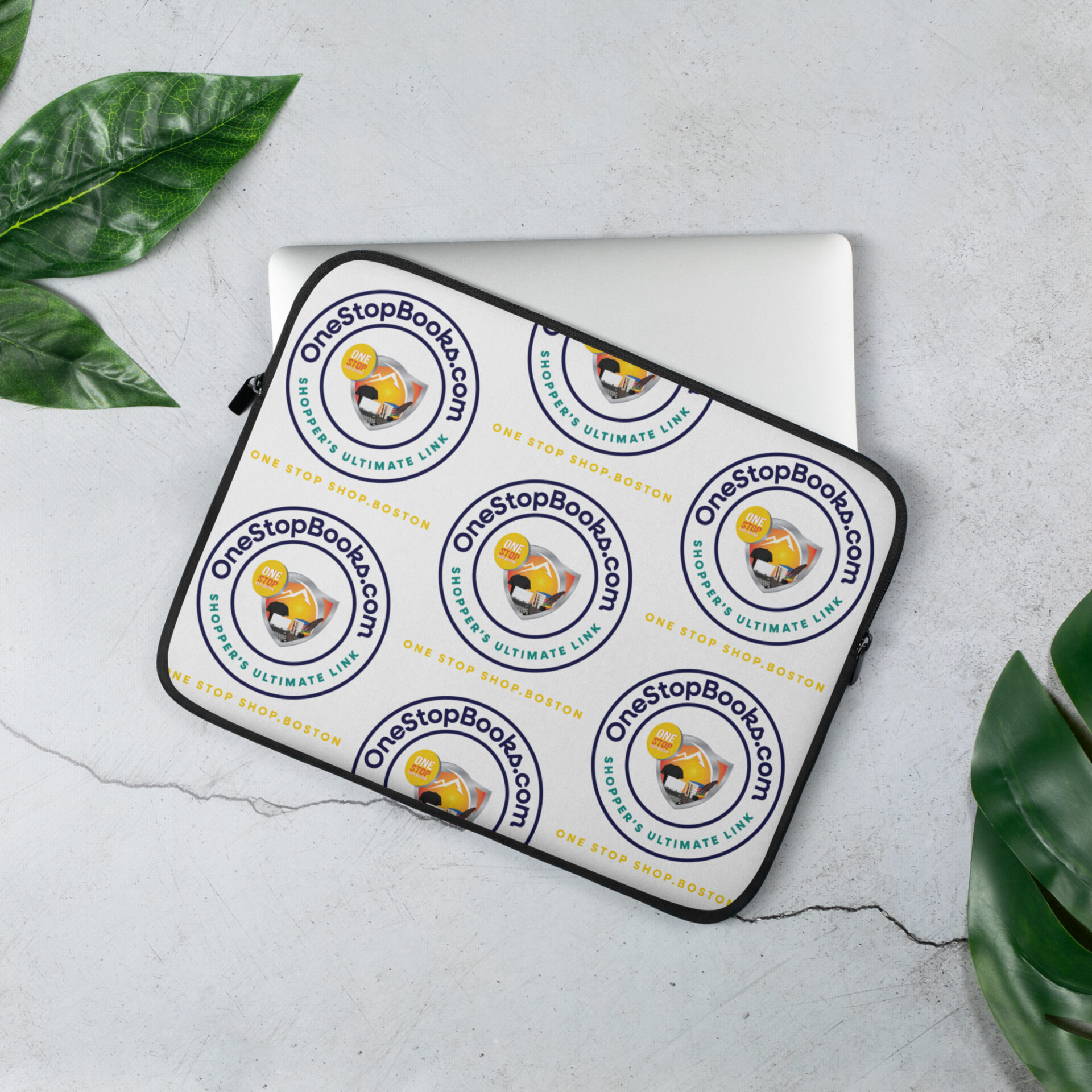 Laptop sleeve with OneStopBooks.com logo.
